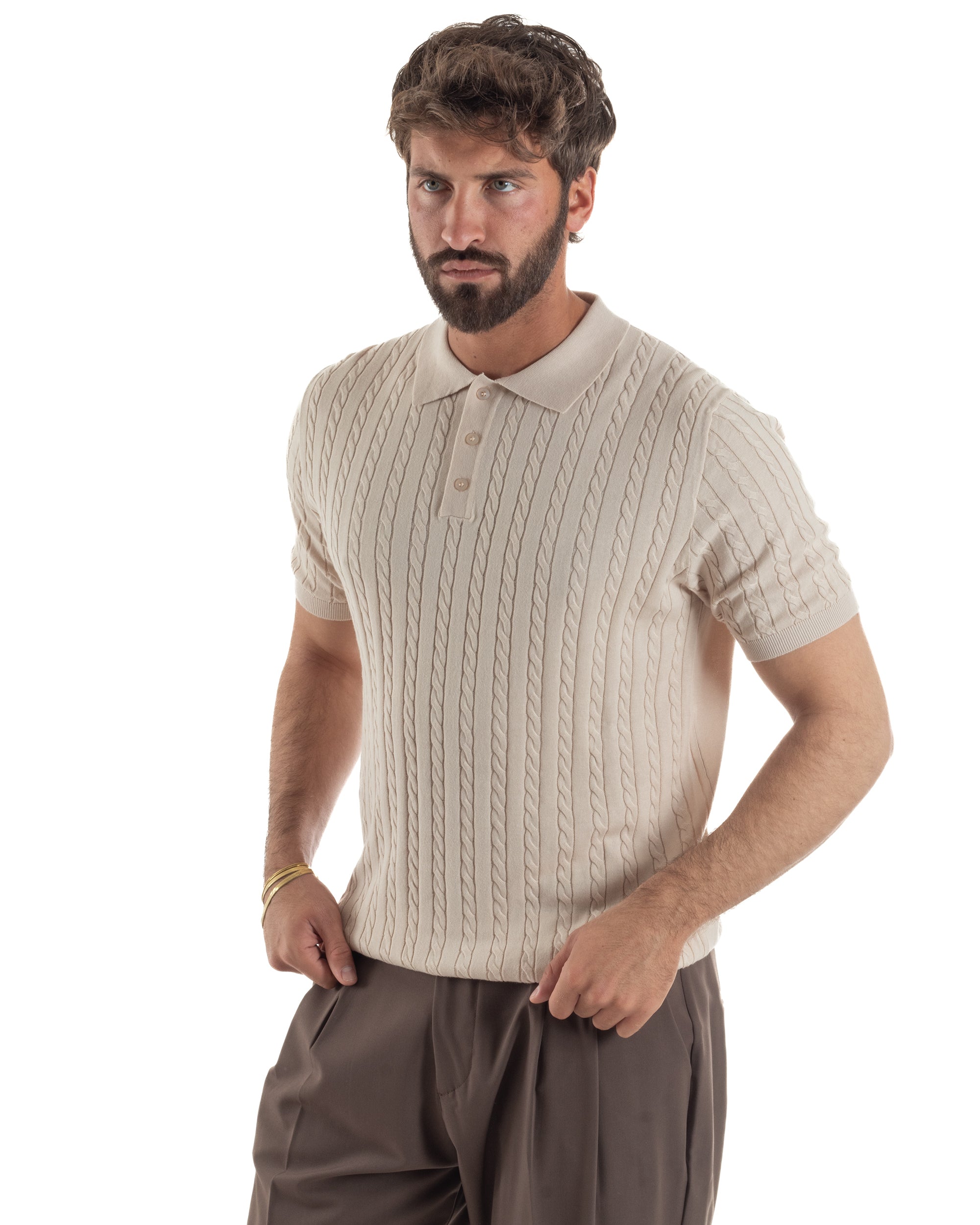 Polo uomo filo maglia trecce colletto con bottoni t-shirt sottogiacca beige GIOSAL-TS3268A