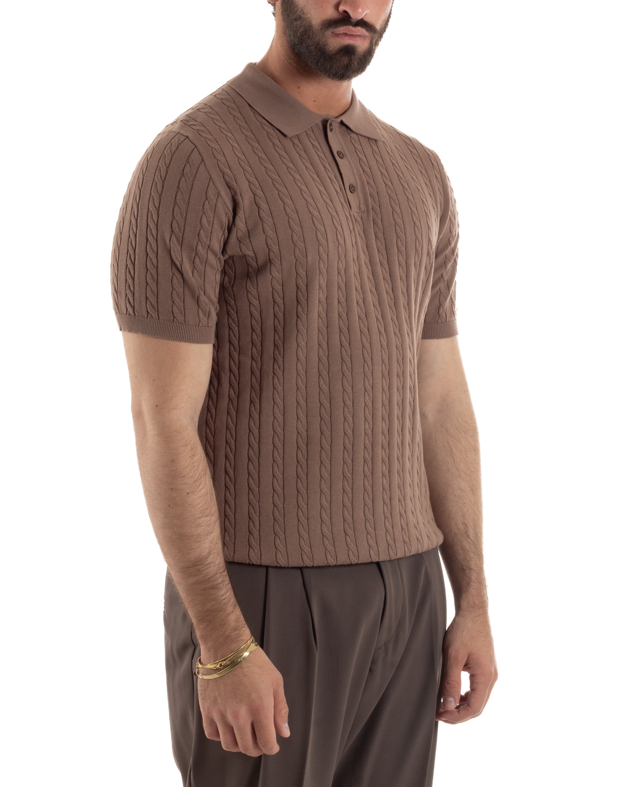 Polo uomo filo maglia trecce colletto con bottoni t-shirt sottogiacca marrone GIOSAL-TS3269A