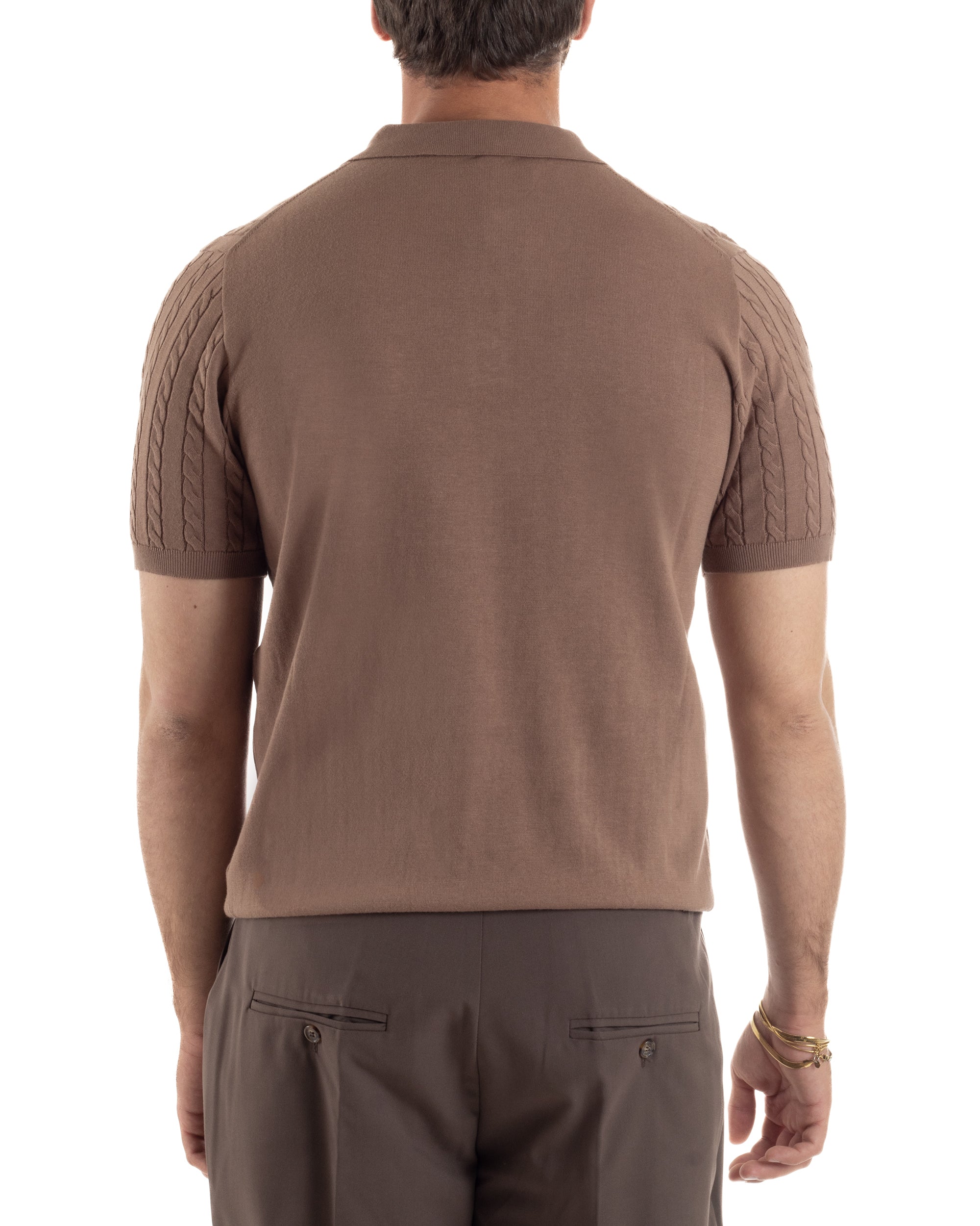 Polo uomo filo maglia trecce colletto con bottoni t-shirt sottogiacca marrone GIOSAL-TS3269A