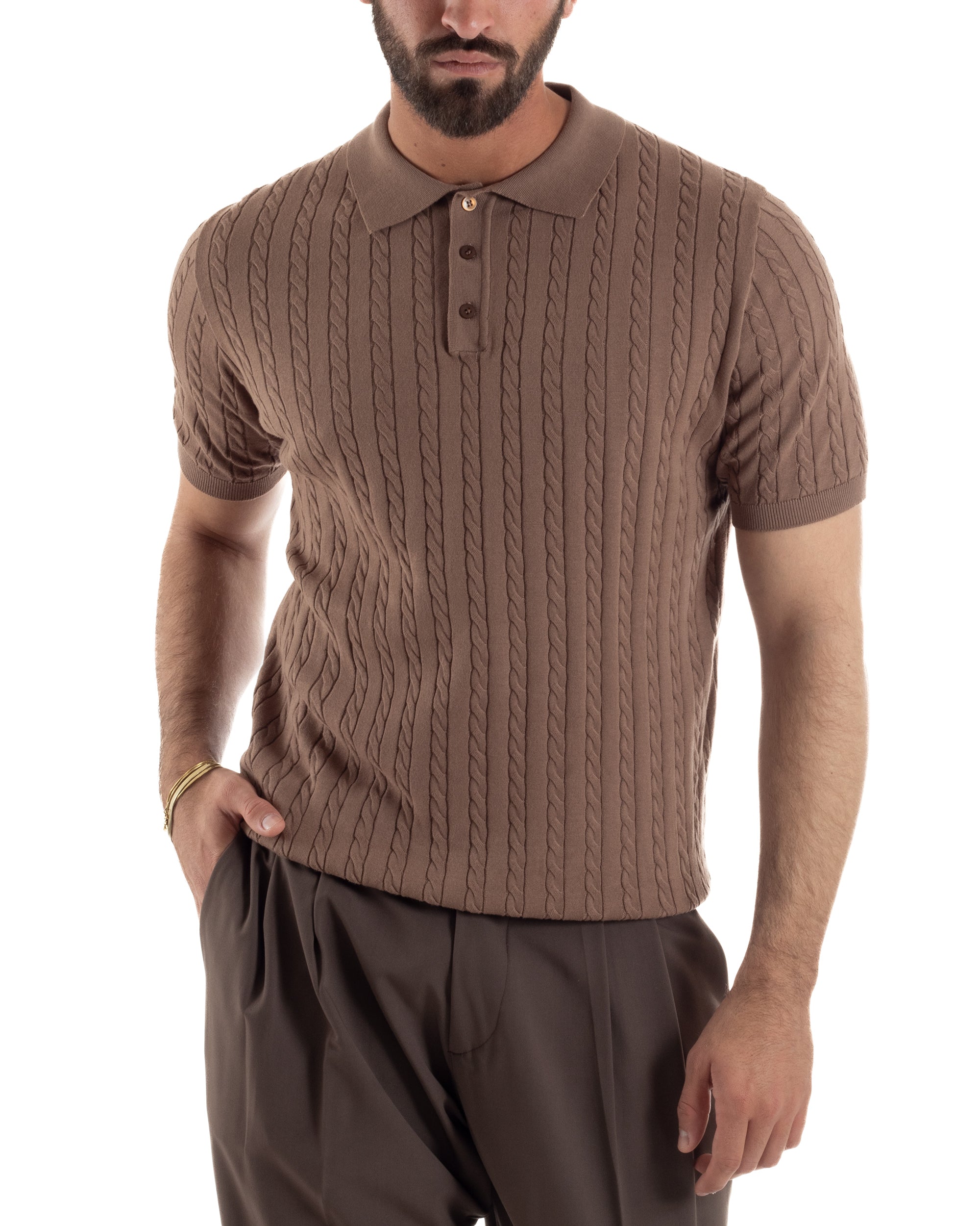 Polo uomo filo maglia trecce colletto con bottoni t-shirt sottogiacca marrone GIOSAL-TS3269A