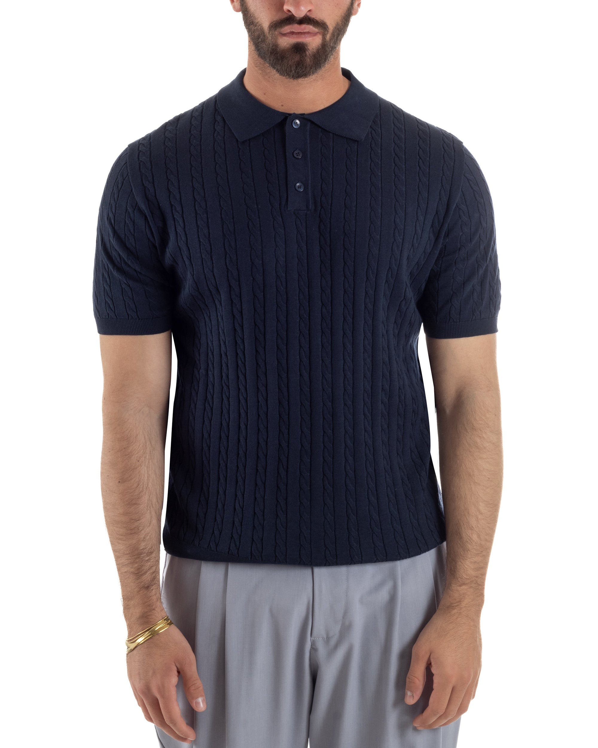 Polo uomo filo maglia trecce colletto con bottoni t-shirt sottogiacca blu GIOSAL-TS3270A