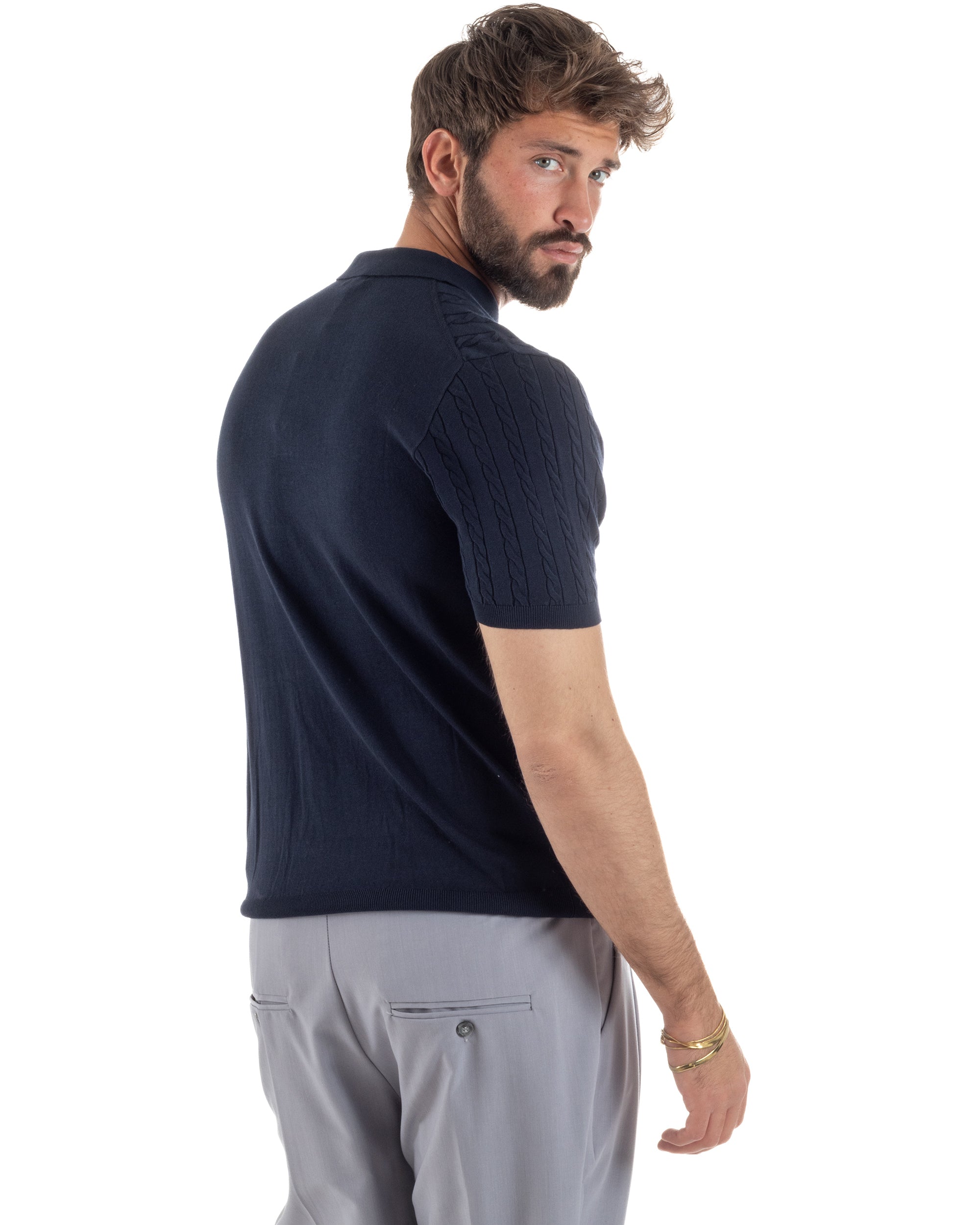 Polo uomo filo maglia trecce colletto con bottoni t-shirt sottogiacca blu GIOSAL-TS3270A