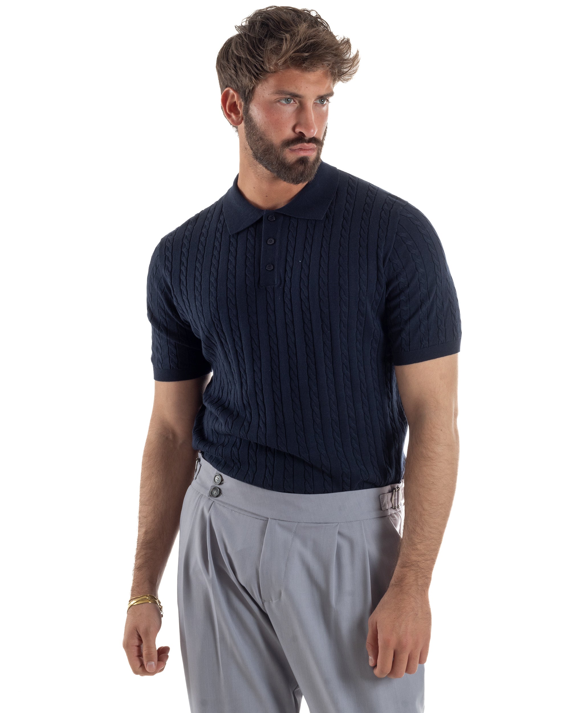 Polo uomo filo maglia trecce colletto con bottoni t-shirt sottogiacca blu GIOSAL-TS3270A