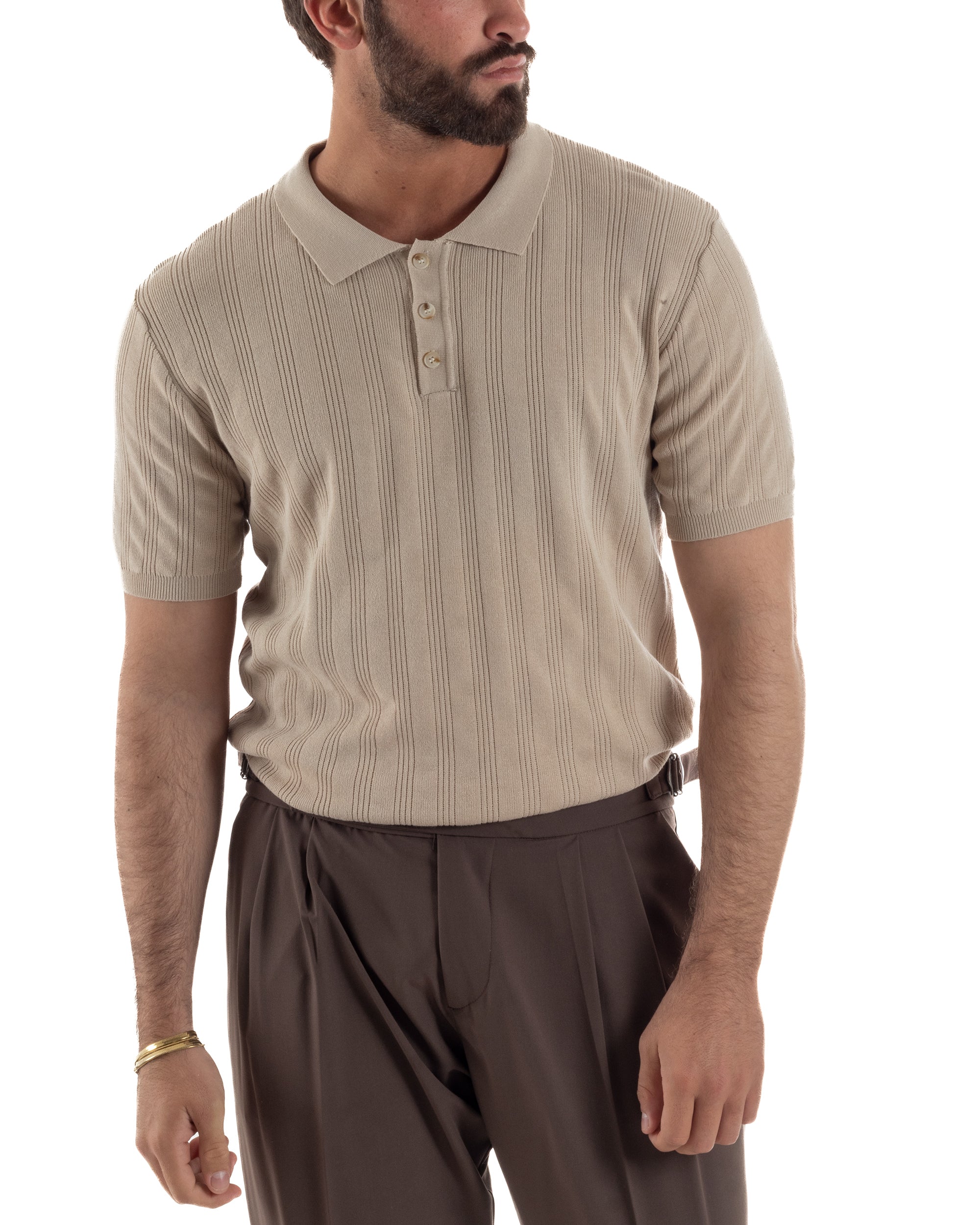 Polo uomo filo maglia costine colletto con bottoni t-shirt sottogiacca beige GIOSAL-TS3271A