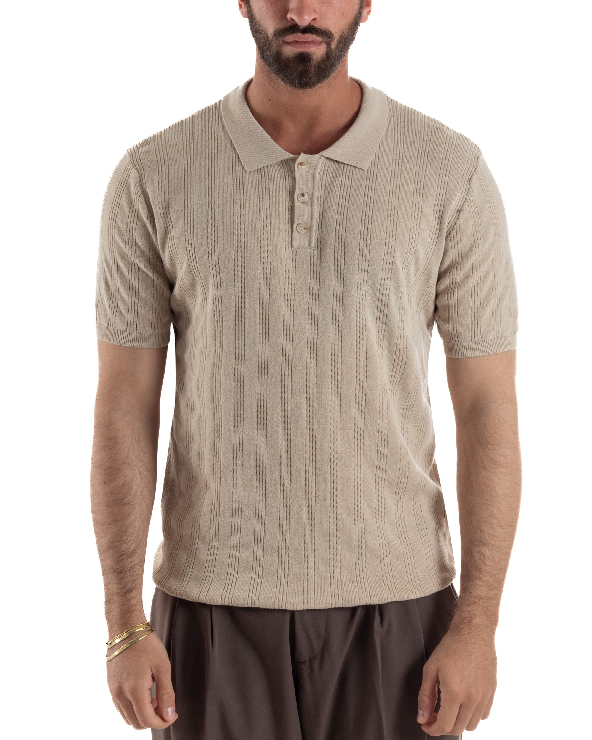Polo uomo filo maglia costine colletto con bottoni t-shirt sottogiacca beige GIOSAL-TS3271A