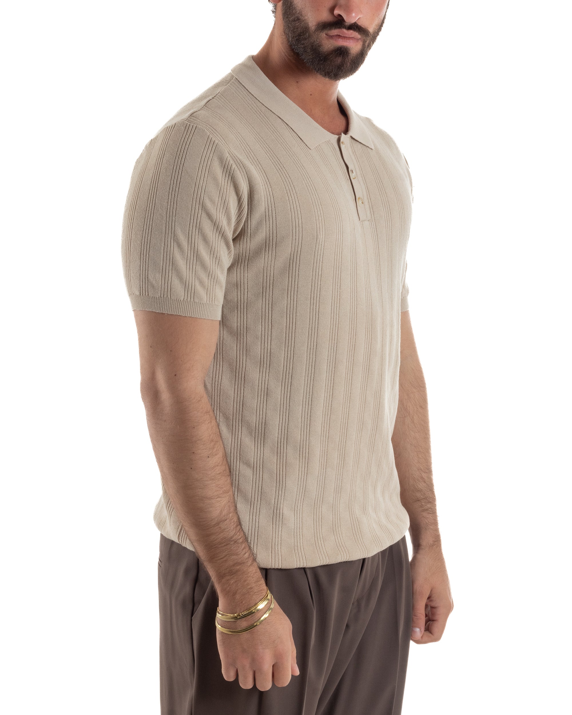 Polo uomo filo maglia costine colletto con bottoni t-shirt sottogiacca beige GIOSAL-TS3271A
