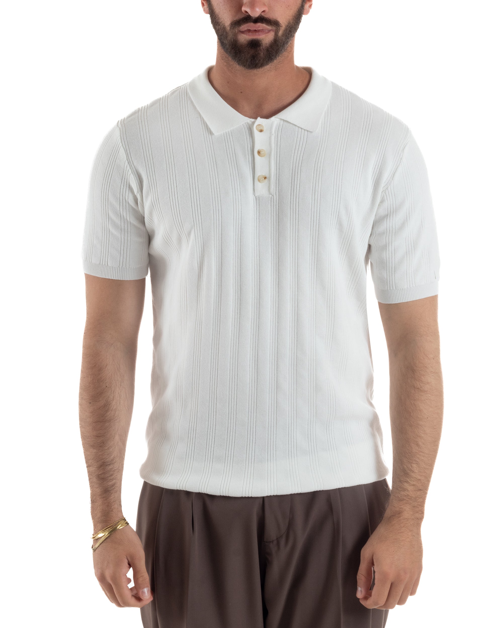 Polo uomo filo maglia costine colletto con bottoni t-shirt sottogiacca bianco GIOSAL-TS3272A