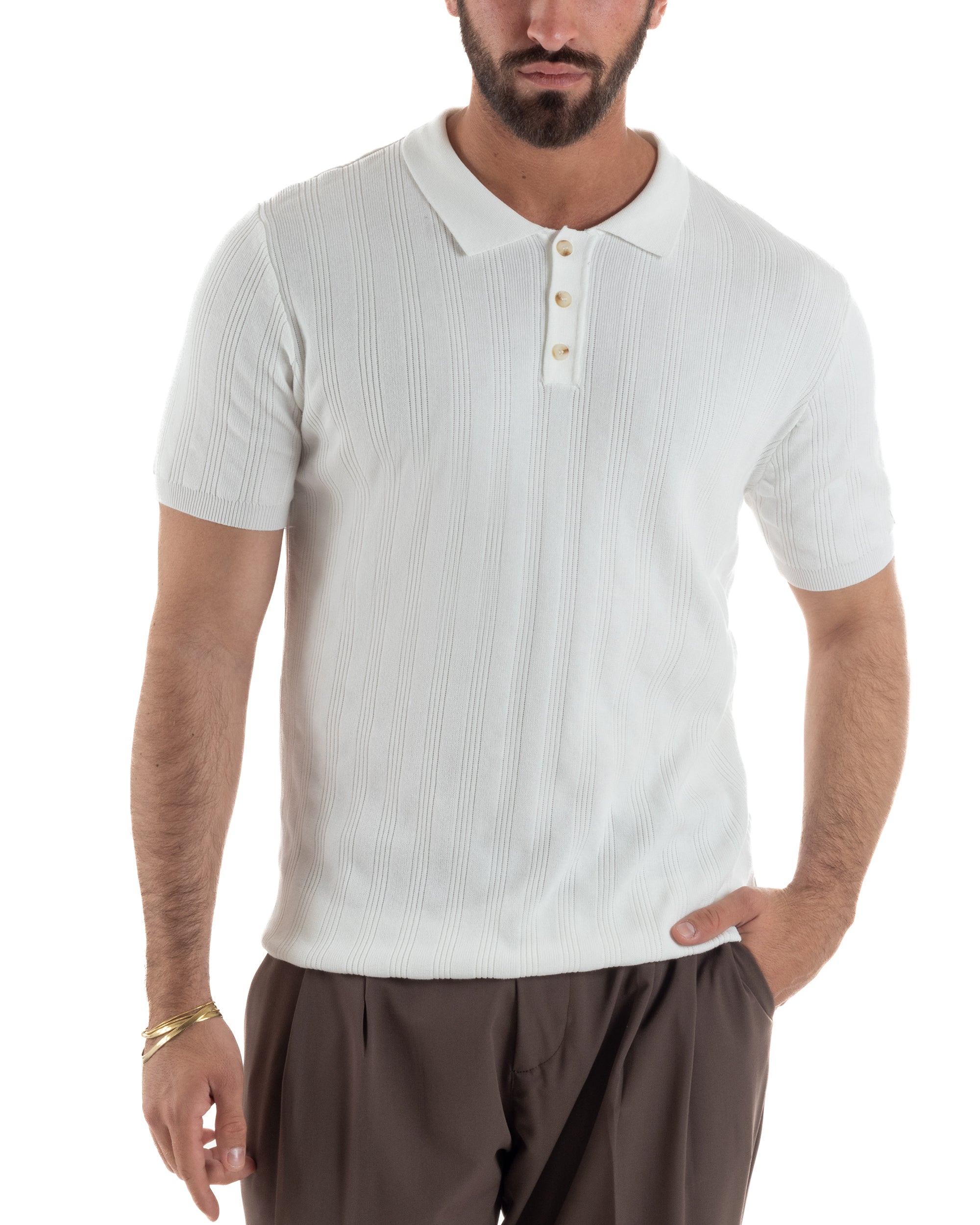 Polo uomo filo maglia costine colletto con bottoni t-shirt sottogiacca bianco GIOSAL-TS3272A