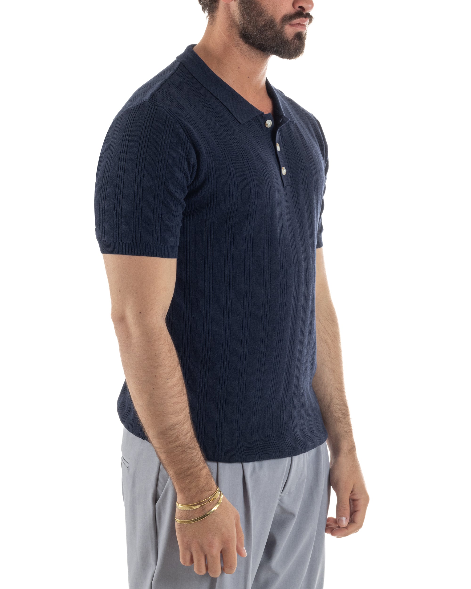 Polo uomo filo maglia costine colletto con bottoni t-shirt sottogiacca blu GIOSAL-TS3273A