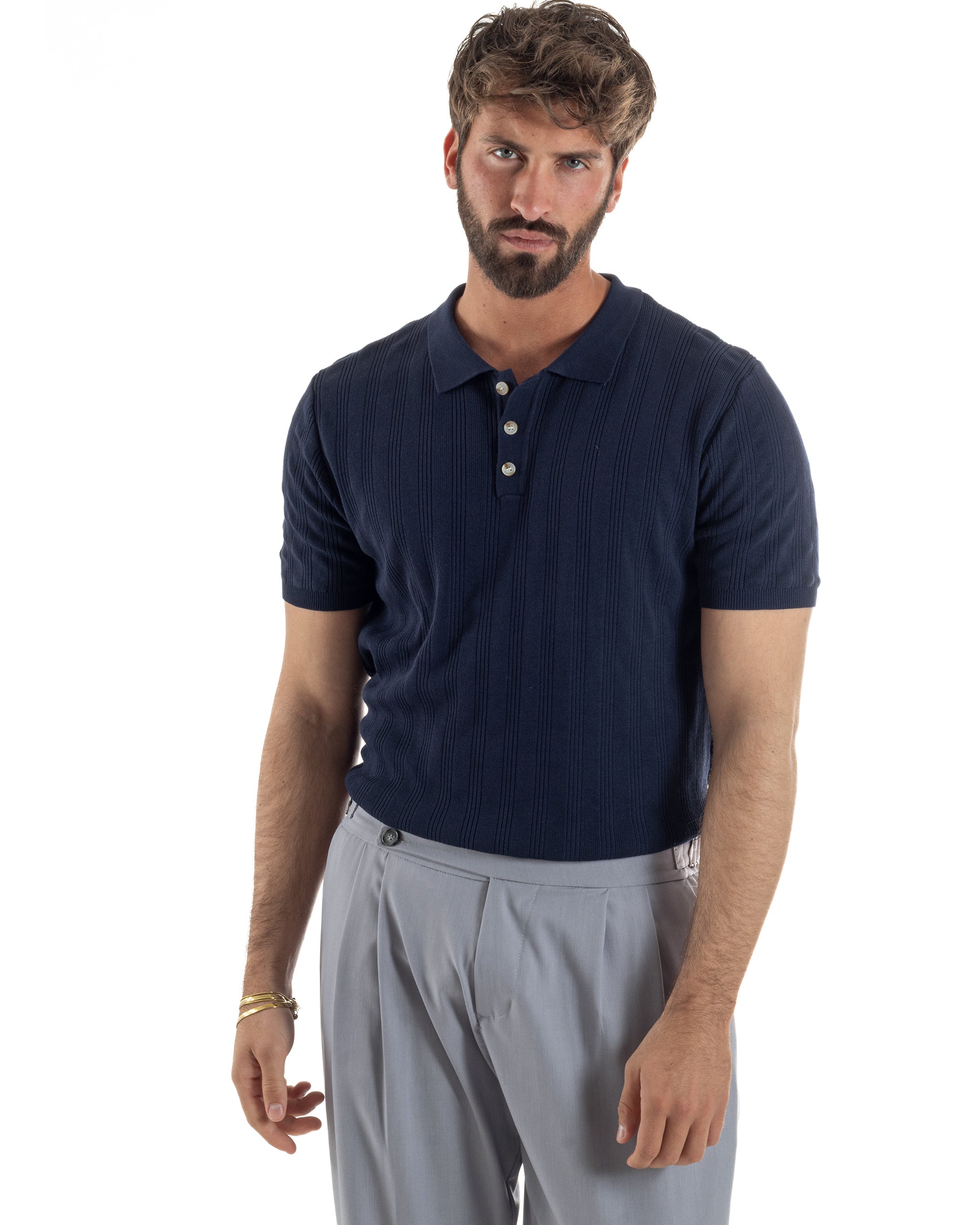 Polo uomo filo maglia costine colletto con bottoni t-shirt sottogiacca blu GIOSAL-TS3273A