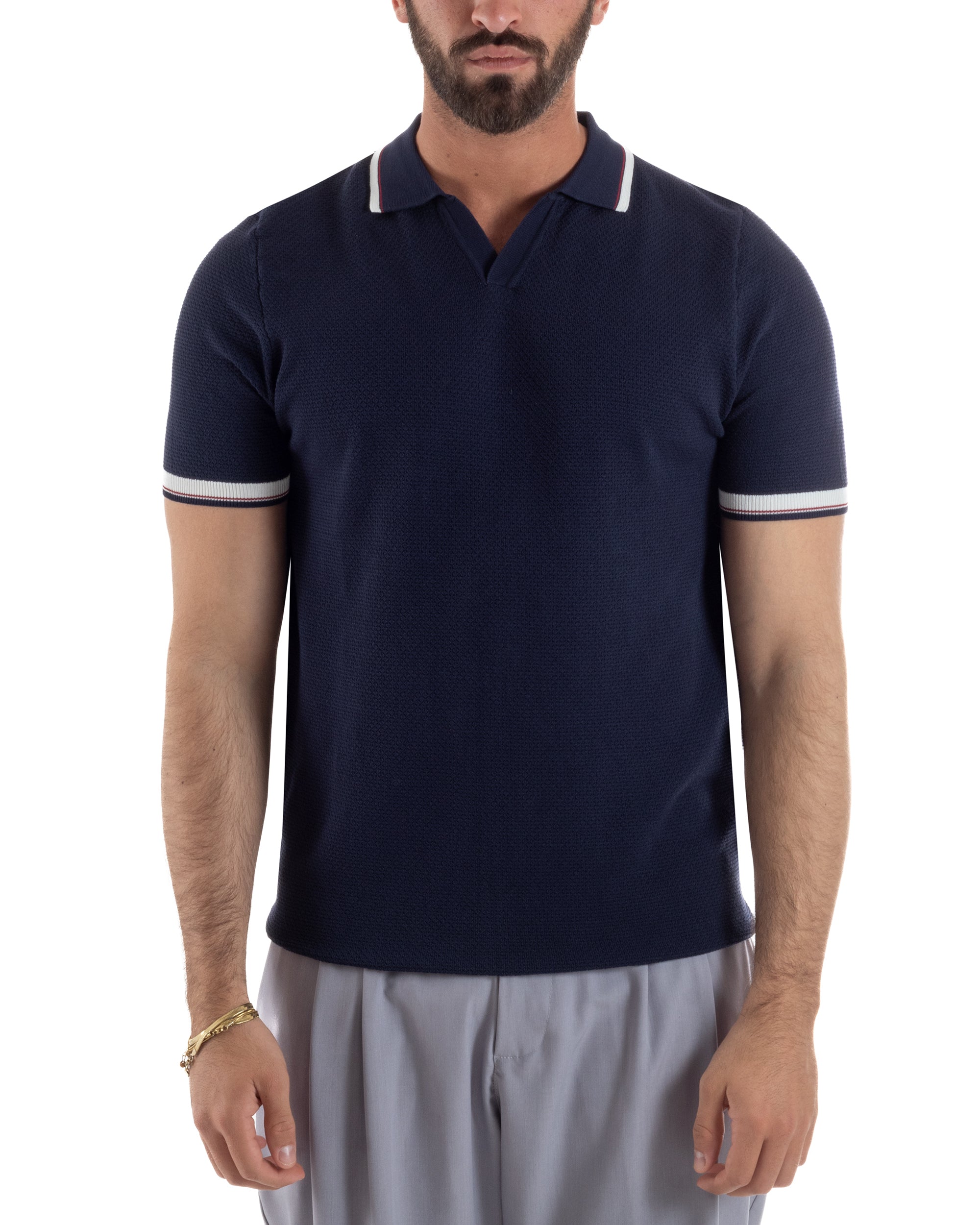 Polo uomo blu filo traforato colletto aperto sottogiacca regular fit 85% viscosa poliestere
