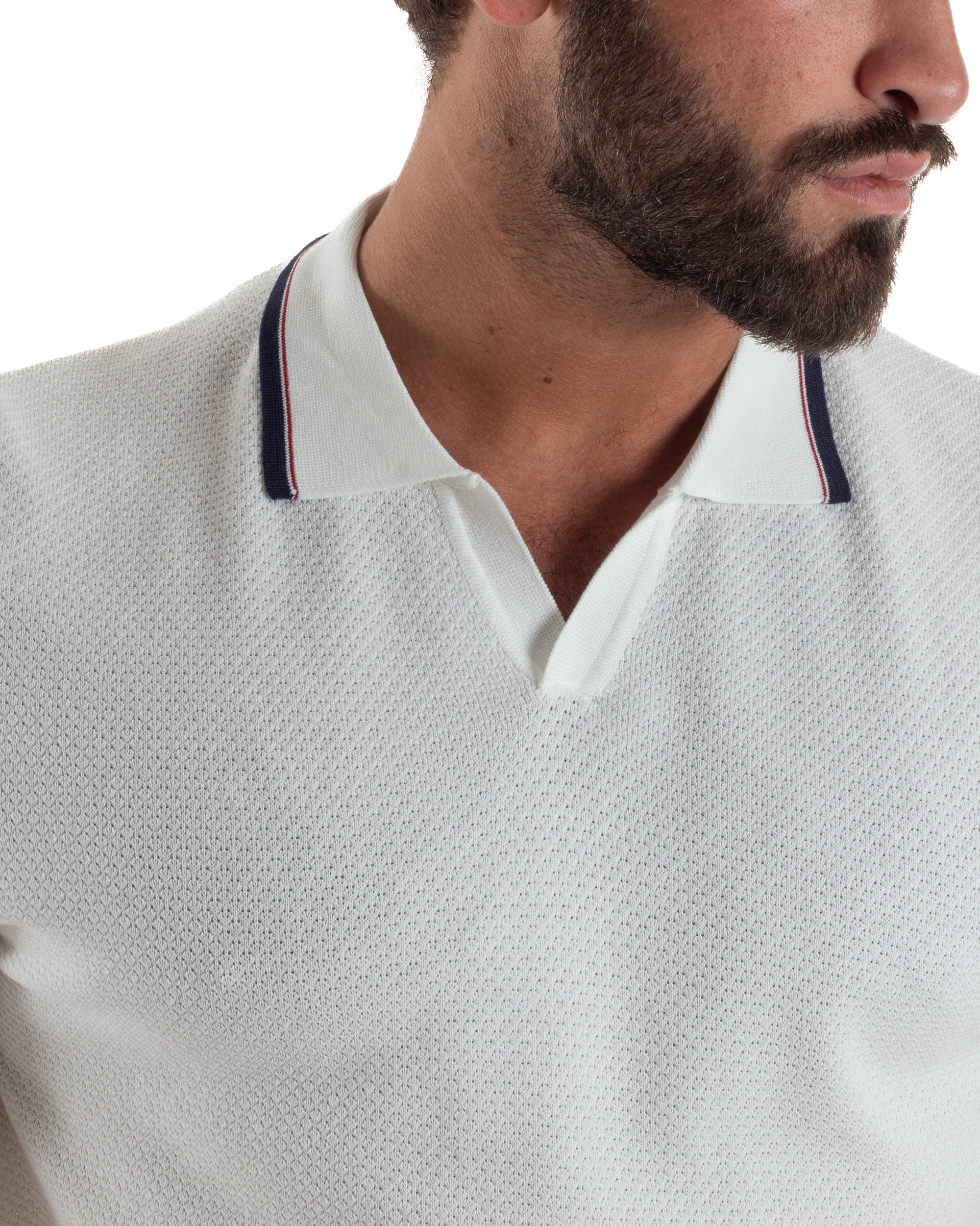 Polo uomo bianco maglia lavorata traforata colletto aperto righe contrasto collo maniche regular fit
