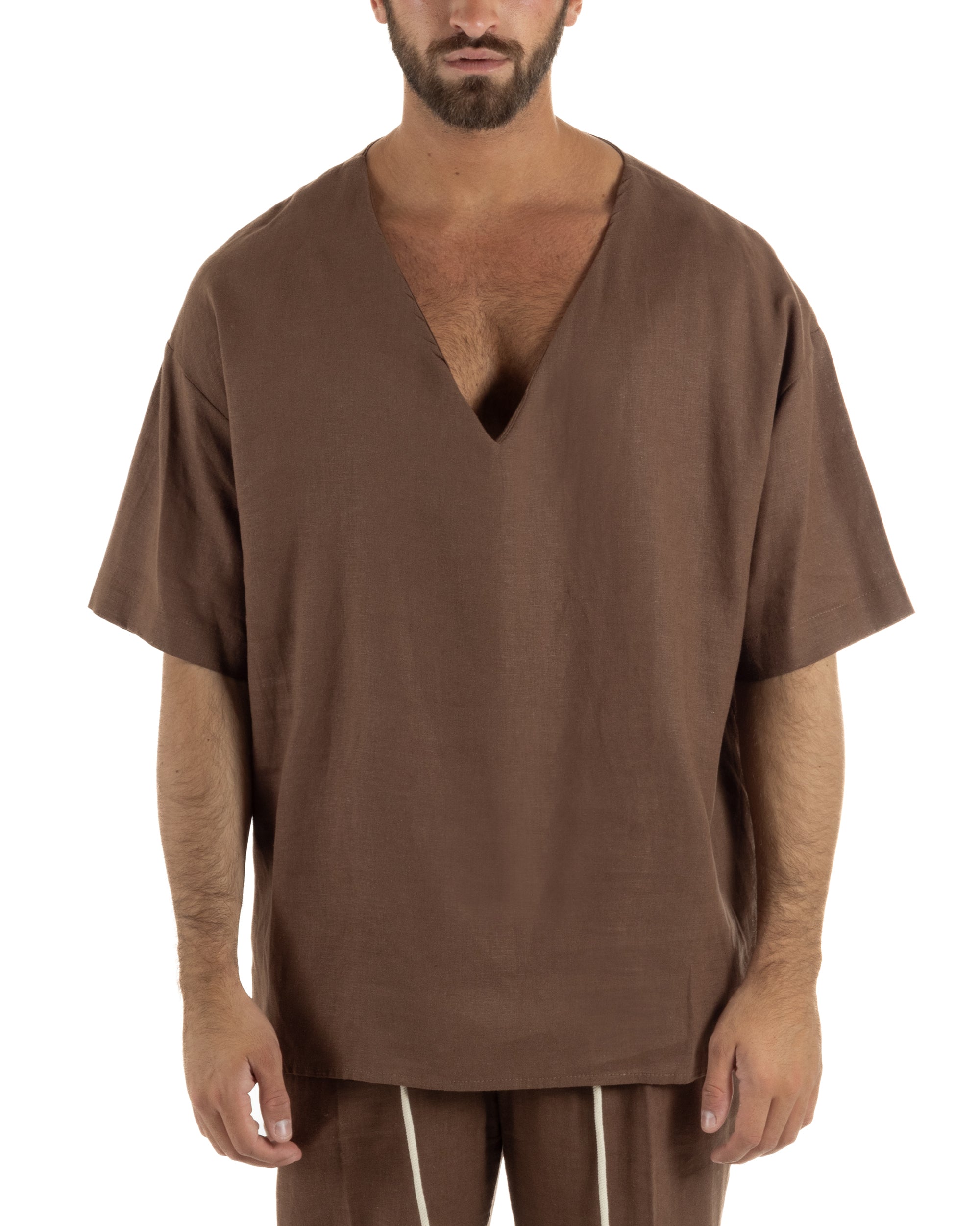 T-shirt casacca uomo lino over fit con scollo a v profondo marrone GIOSAL-TS3277A