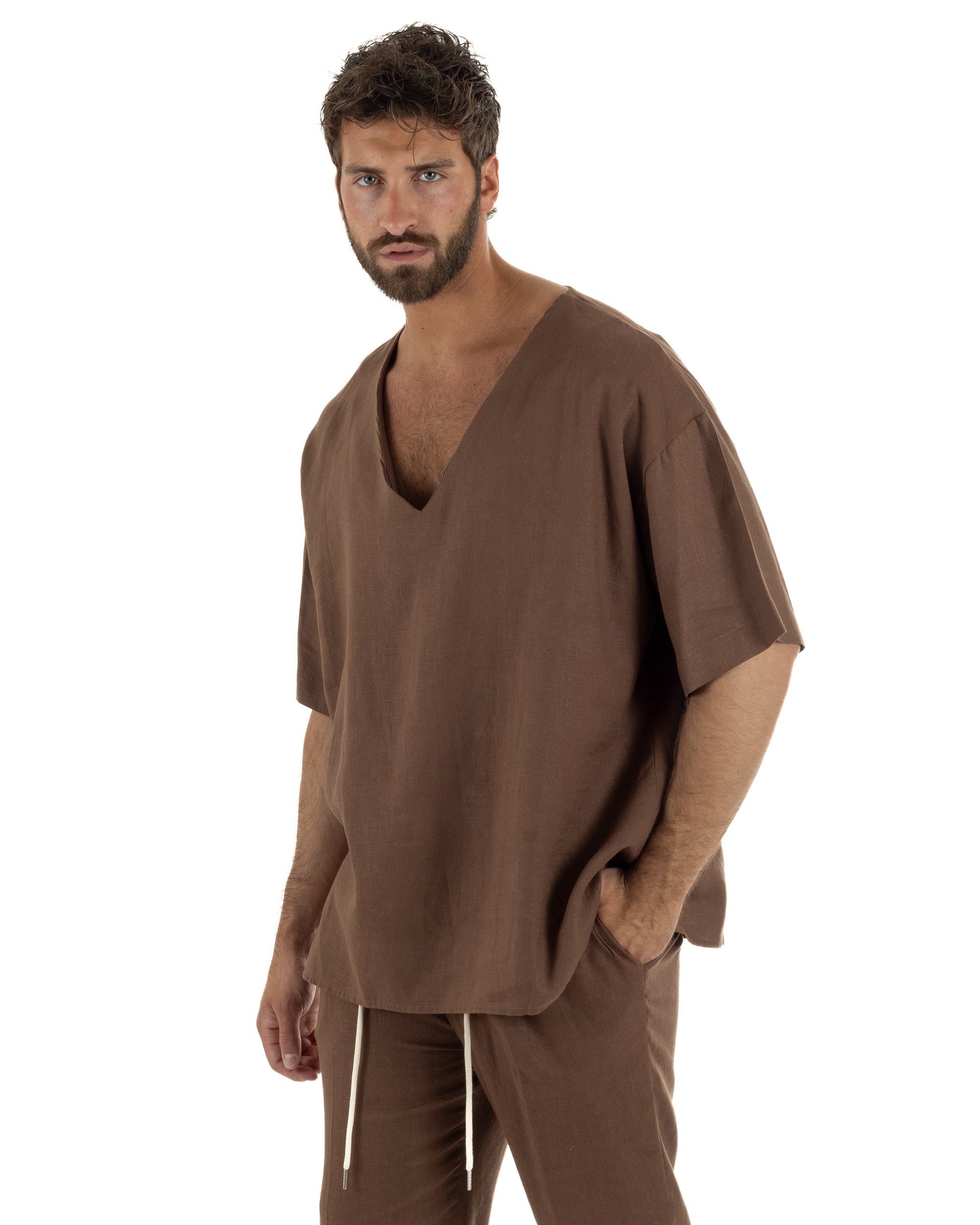 T-shirt casacca uomo lino over fit con scollo a v profondo marrone GIOSAL-TS3277A