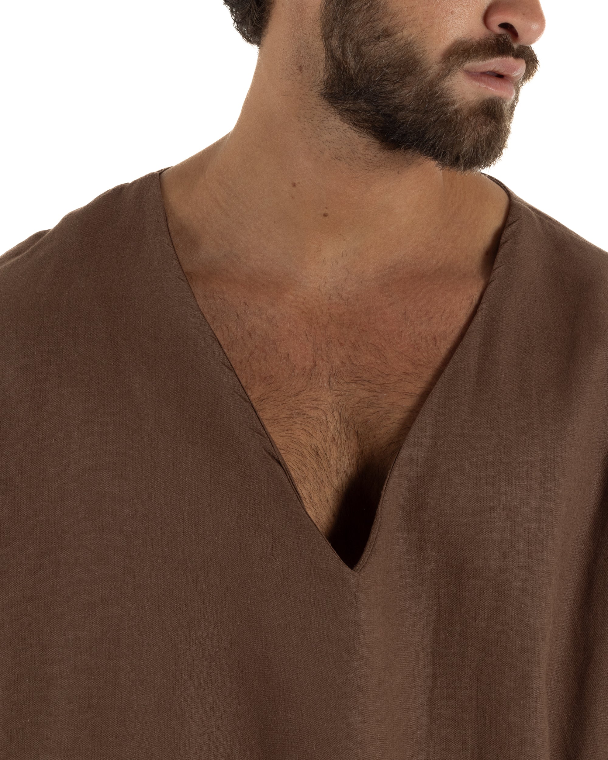 T-shirt casacca uomo lino over fit con scollo a v profondo marrone GIOSAL-TS3277A