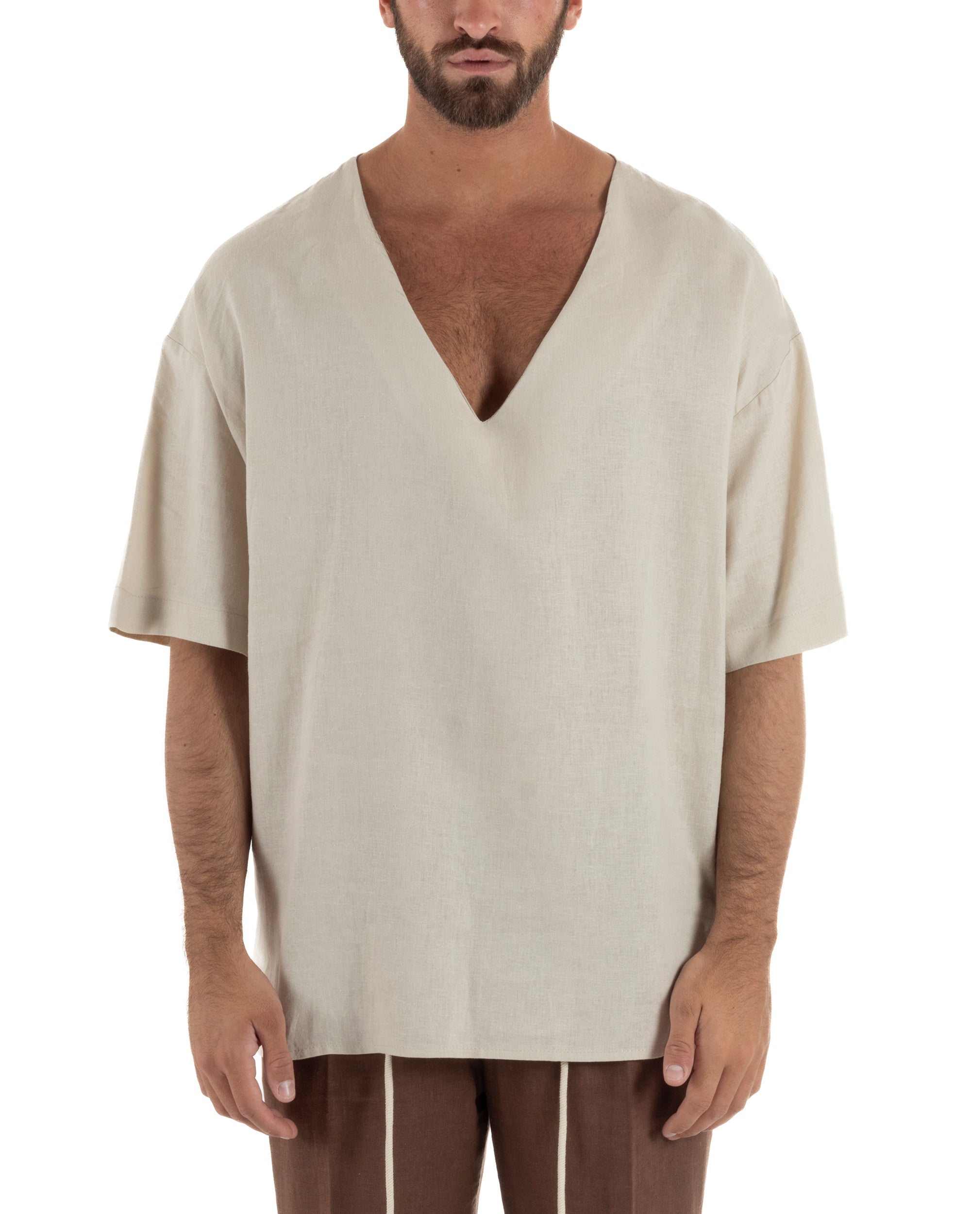 T-shirt casacca uomo lino over fit con scollo a v profondo beige GIOSAL-TS3278A