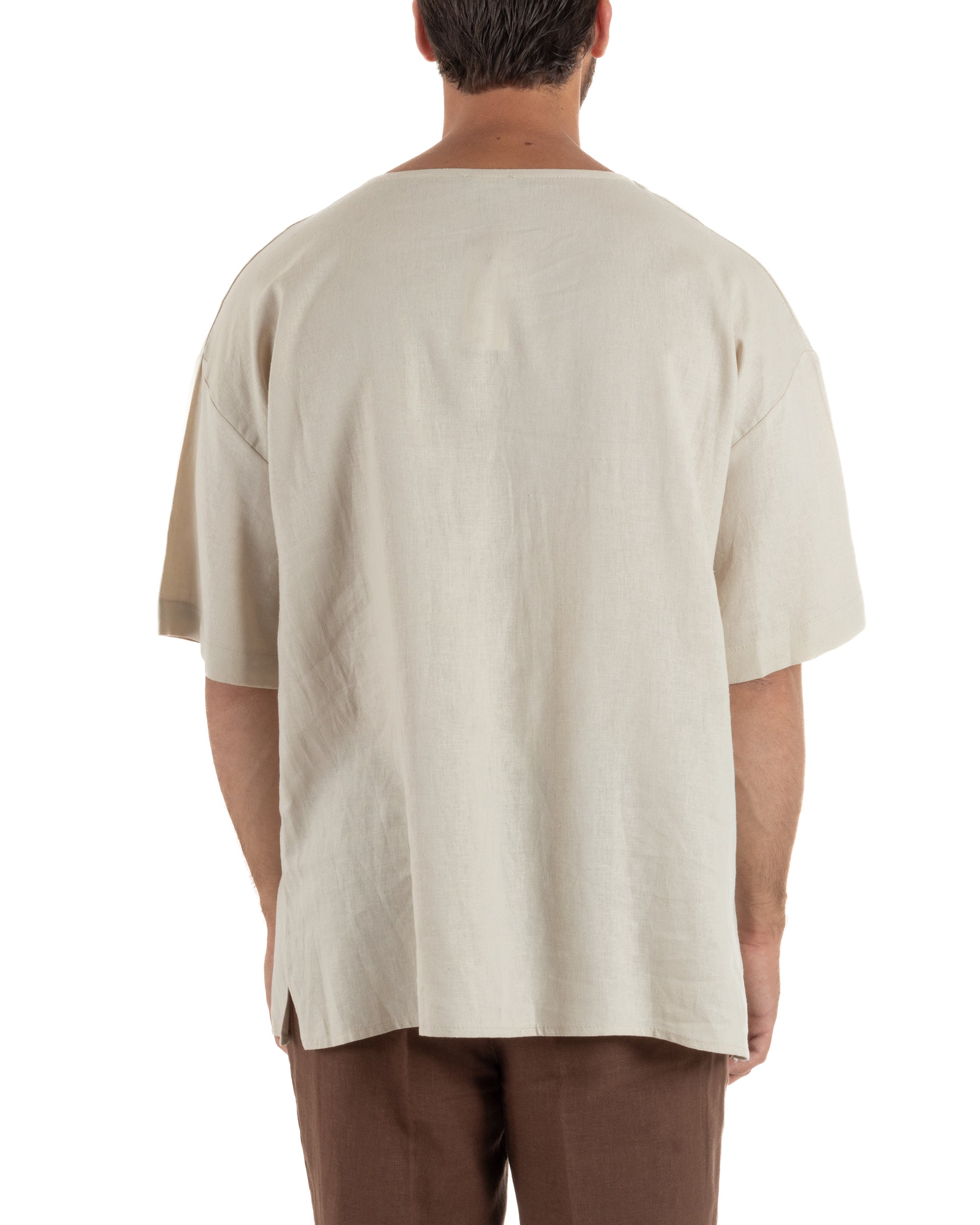 T-shirt casacca uomo lino over fit con scollo a v profondo beige GIOSAL-TS3278A