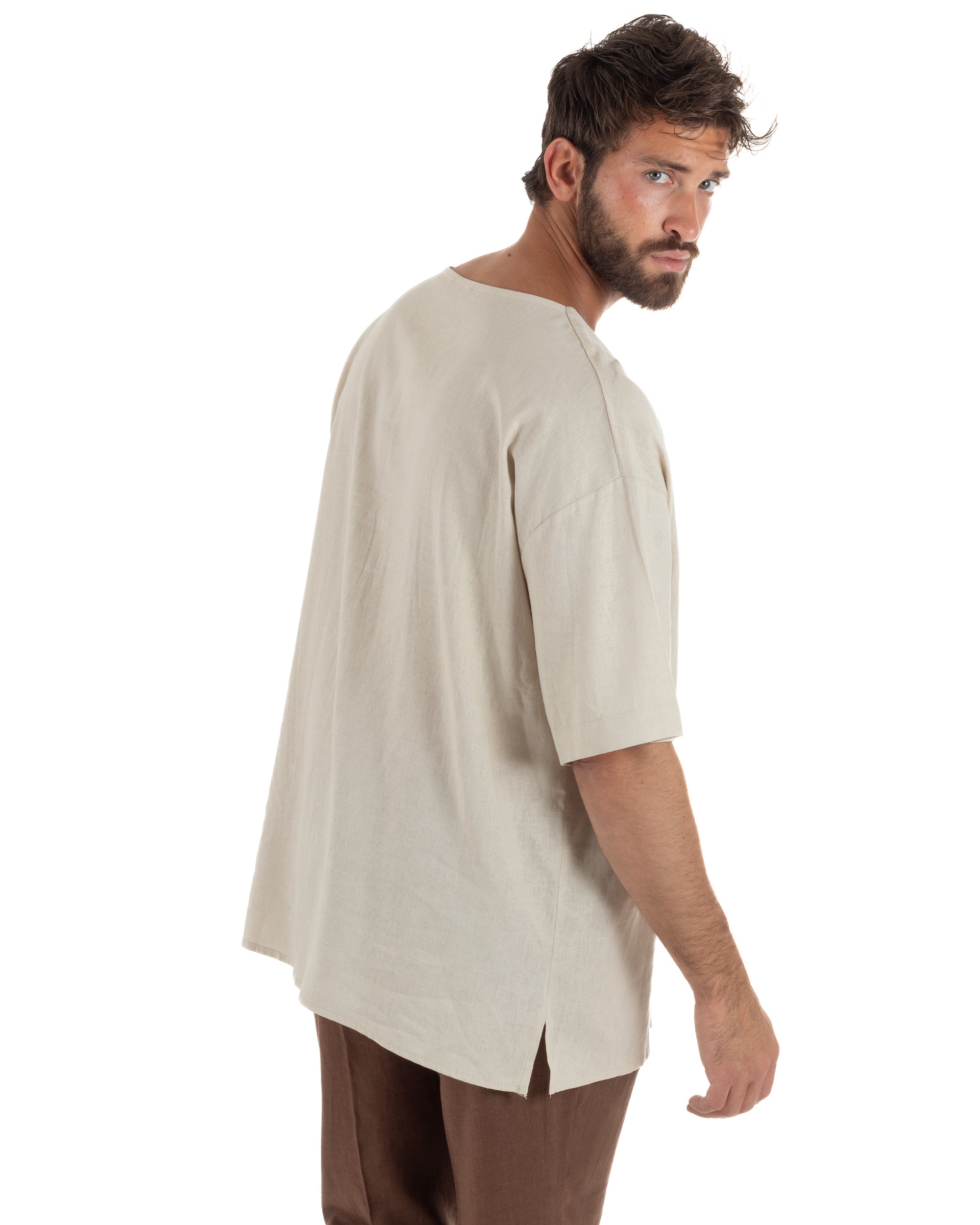 T-shirt casacca uomo lino over fit con scollo a v profondo beige GIOSAL-TS3278A