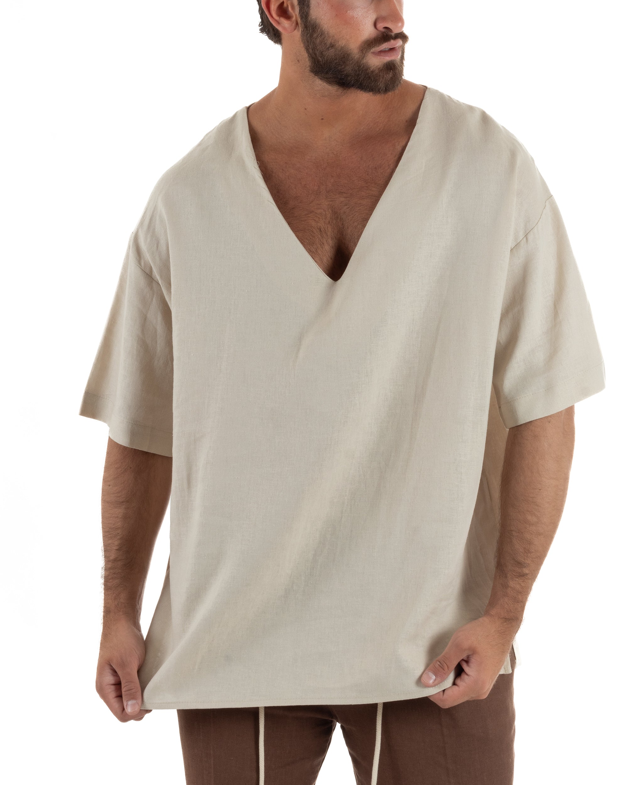 T-shirt casacca uomo lino over fit con scollo a v profondo beige GIOSAL-TS3278A