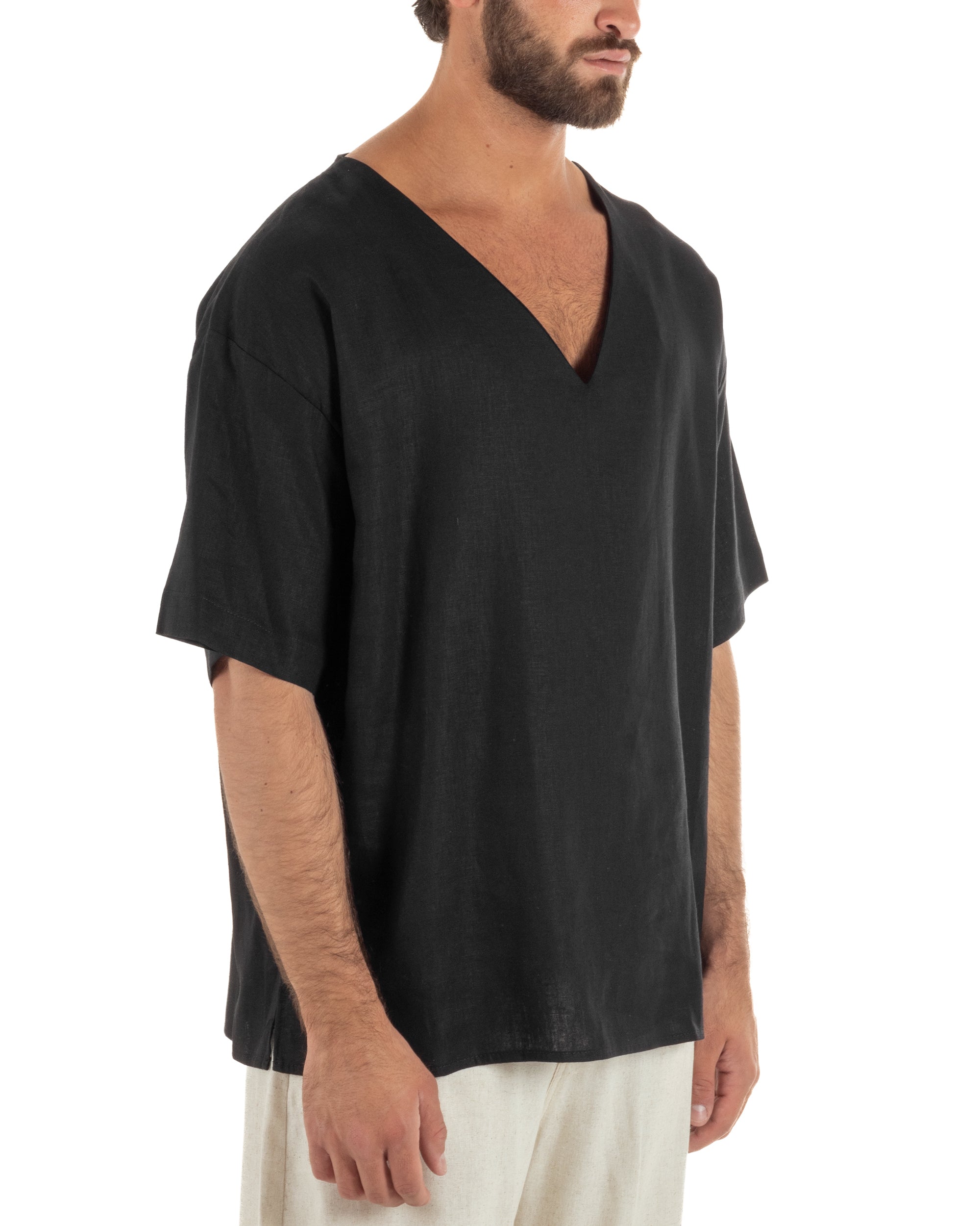T-shirt casacca uomo lino over fit con scollo a v profondo nero GIOSAL-TS3279A