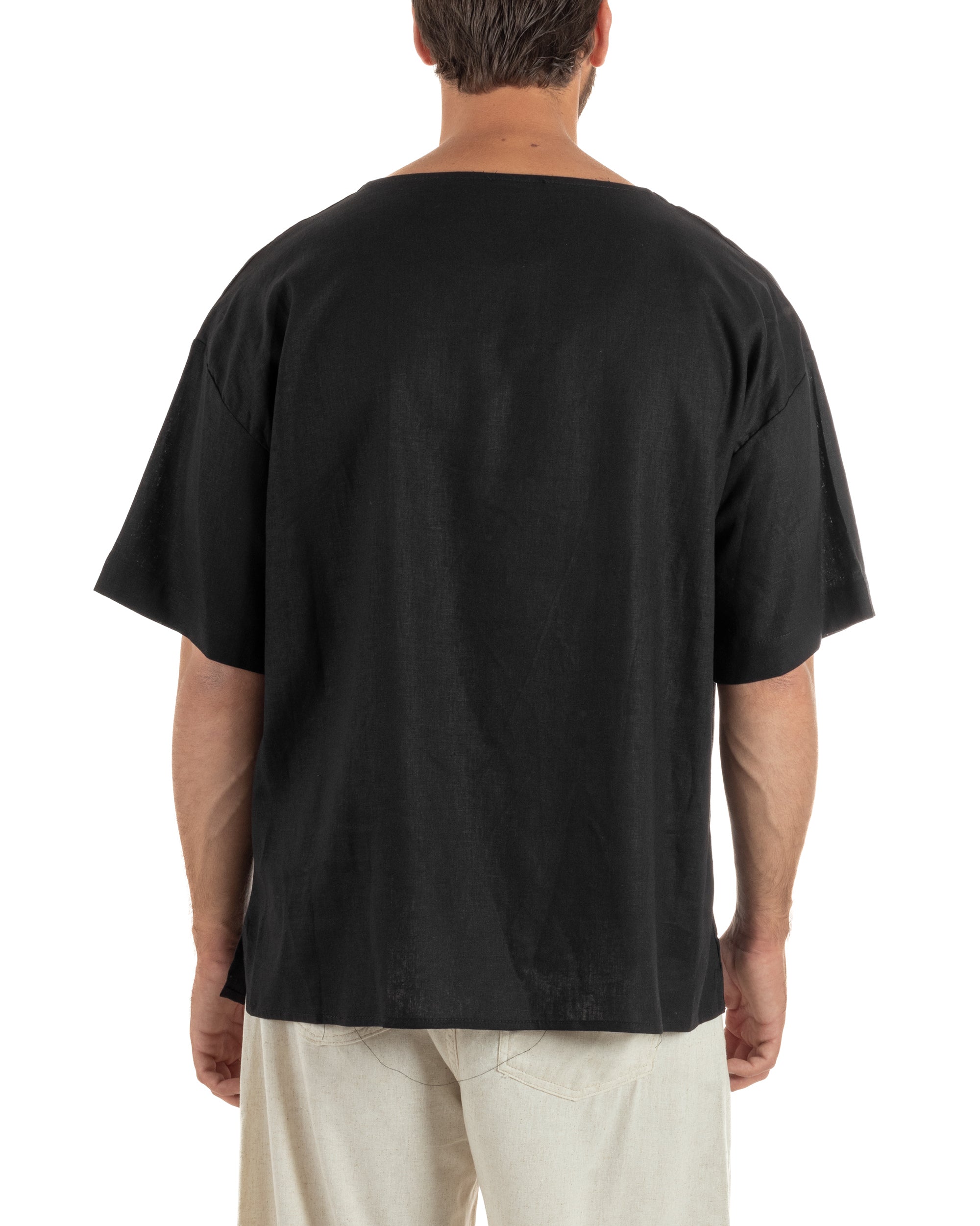 T-shirt casacca uomo lino over fit con scollo a v profondo nero GIOSAL-TS3279A