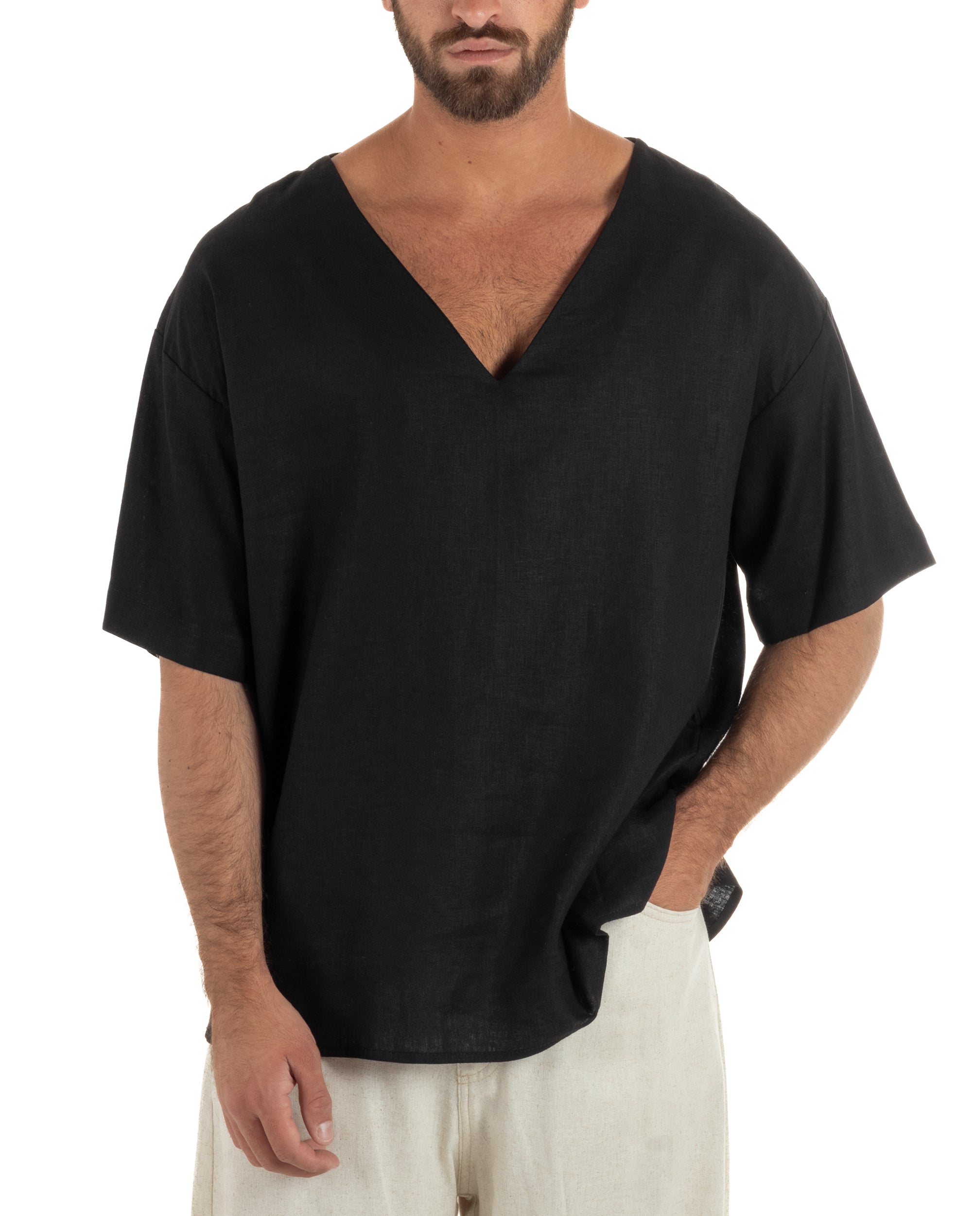 T-shirt casacca uomo lino over fit con scollo a v profondo nero GIOSAL-TS3279A