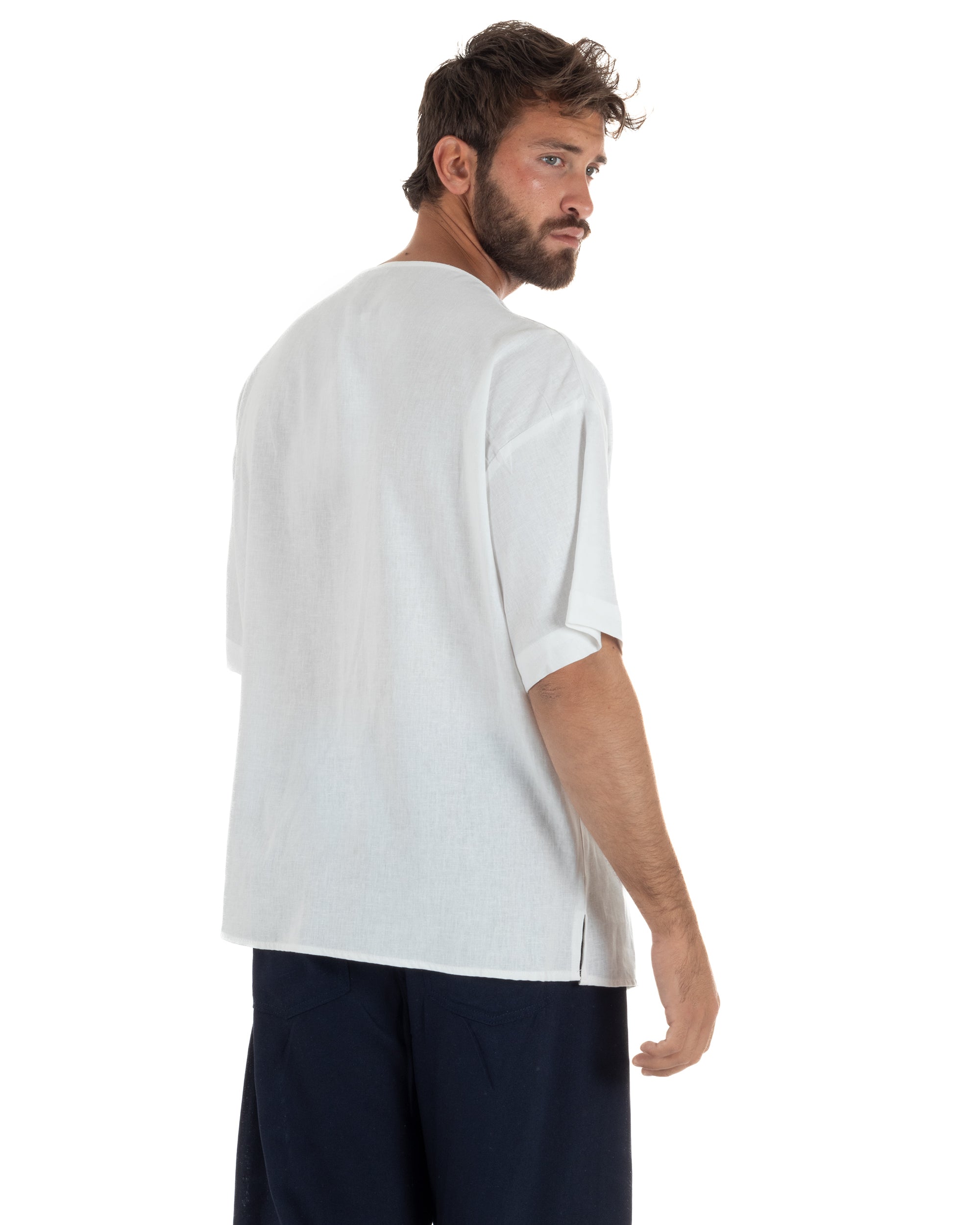 T-shirt casacca uomo lino over fit con scollo a v profondo bianco GIOSAL-TS3280A