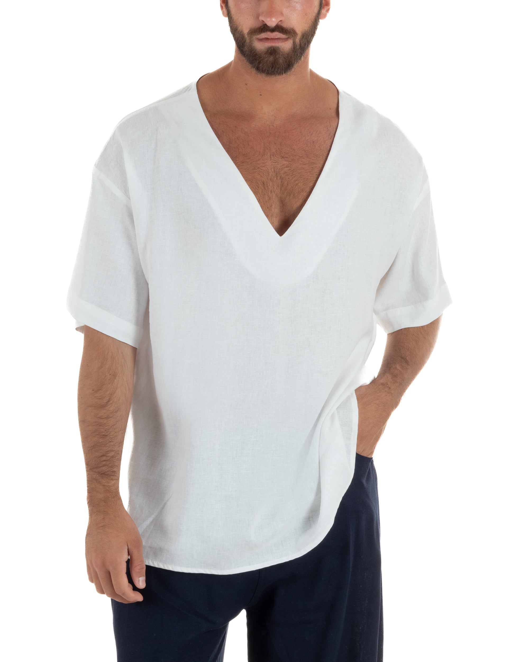 T-shirt casacca uomo lino over fit con scollo a v profondo bianco GIOSAL-TS3280A