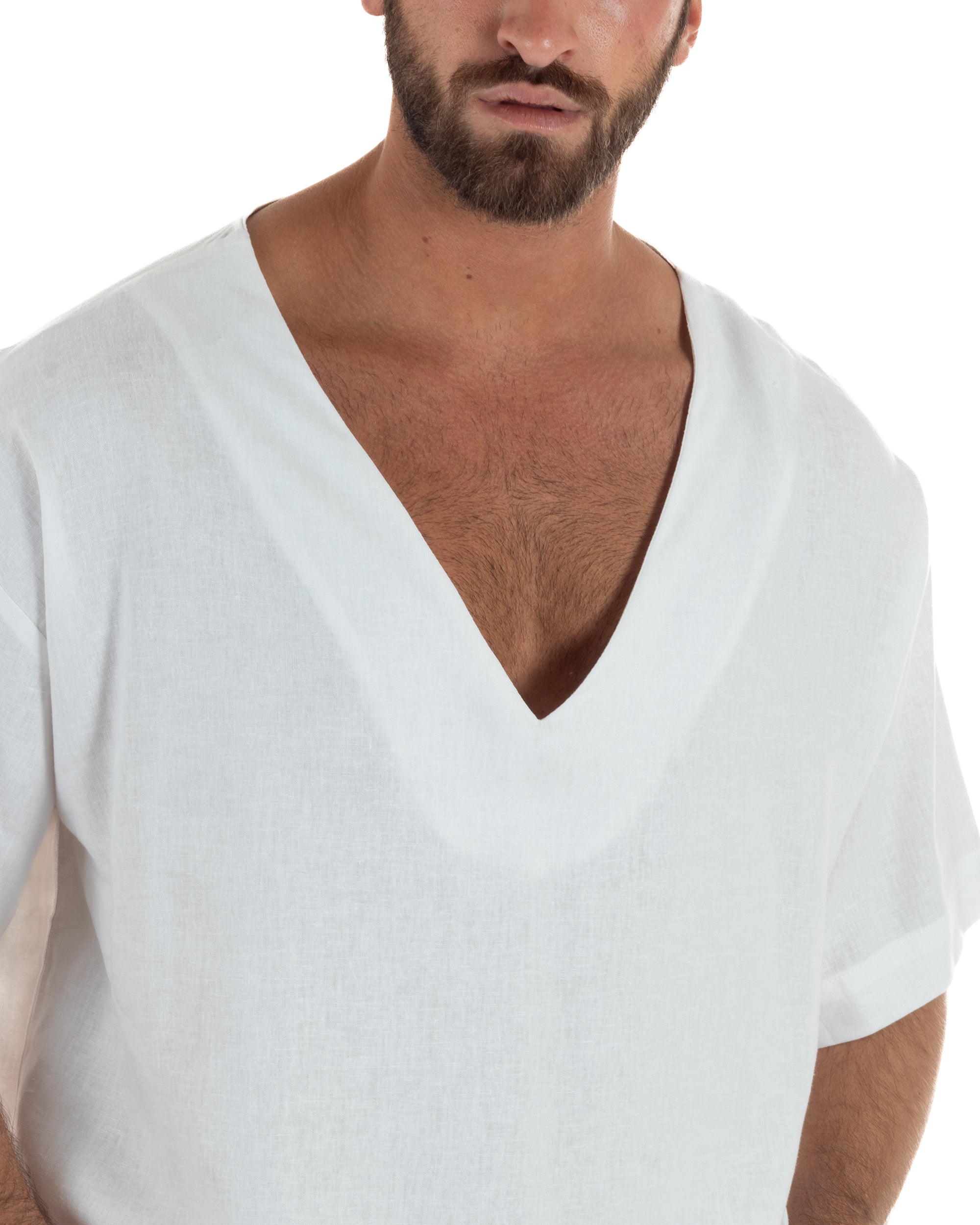T-shirt casacca uomo lino over fit con scollo a v profondo bianco GIOSAL-TS3280A