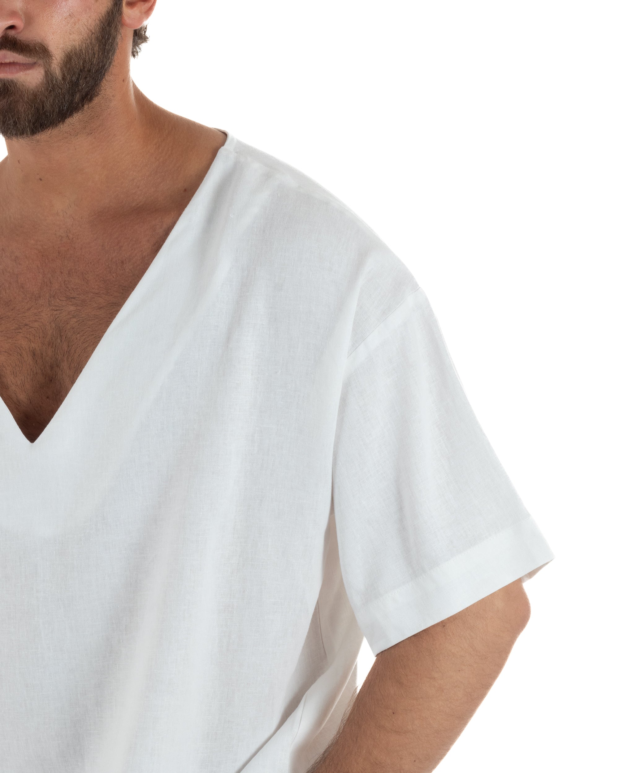 T-shirt casacca uomo lino over fit con scollo a v profondo bianco GIOSAL-TS3280A