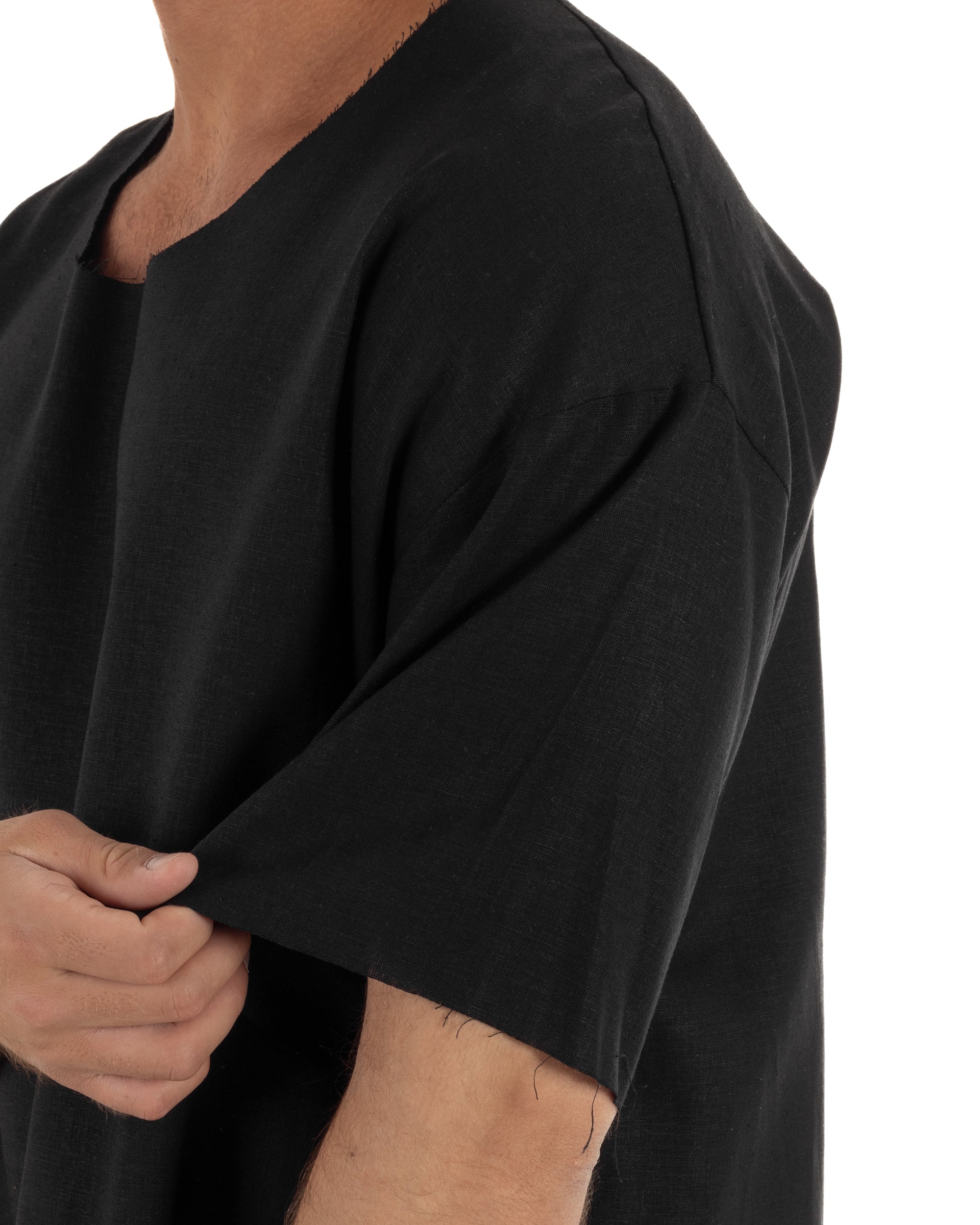 T-shirt casacca uomo lino girocollo over fit sfrangiata nero GIOSAL-TS3281A