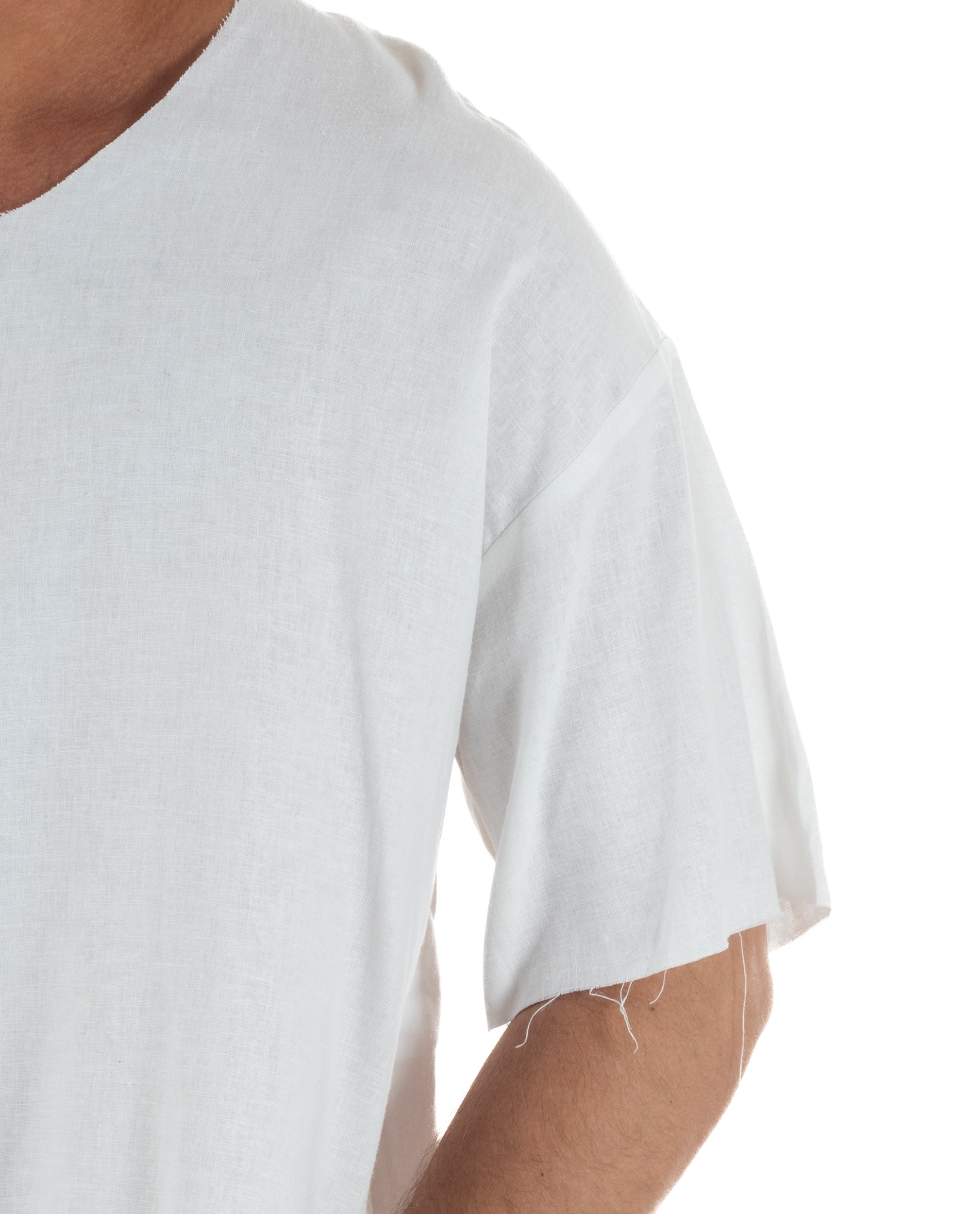 T-shirt casacca uomo lino girocollo over fit sfrangiata bianco GIOSAL-TS3282A