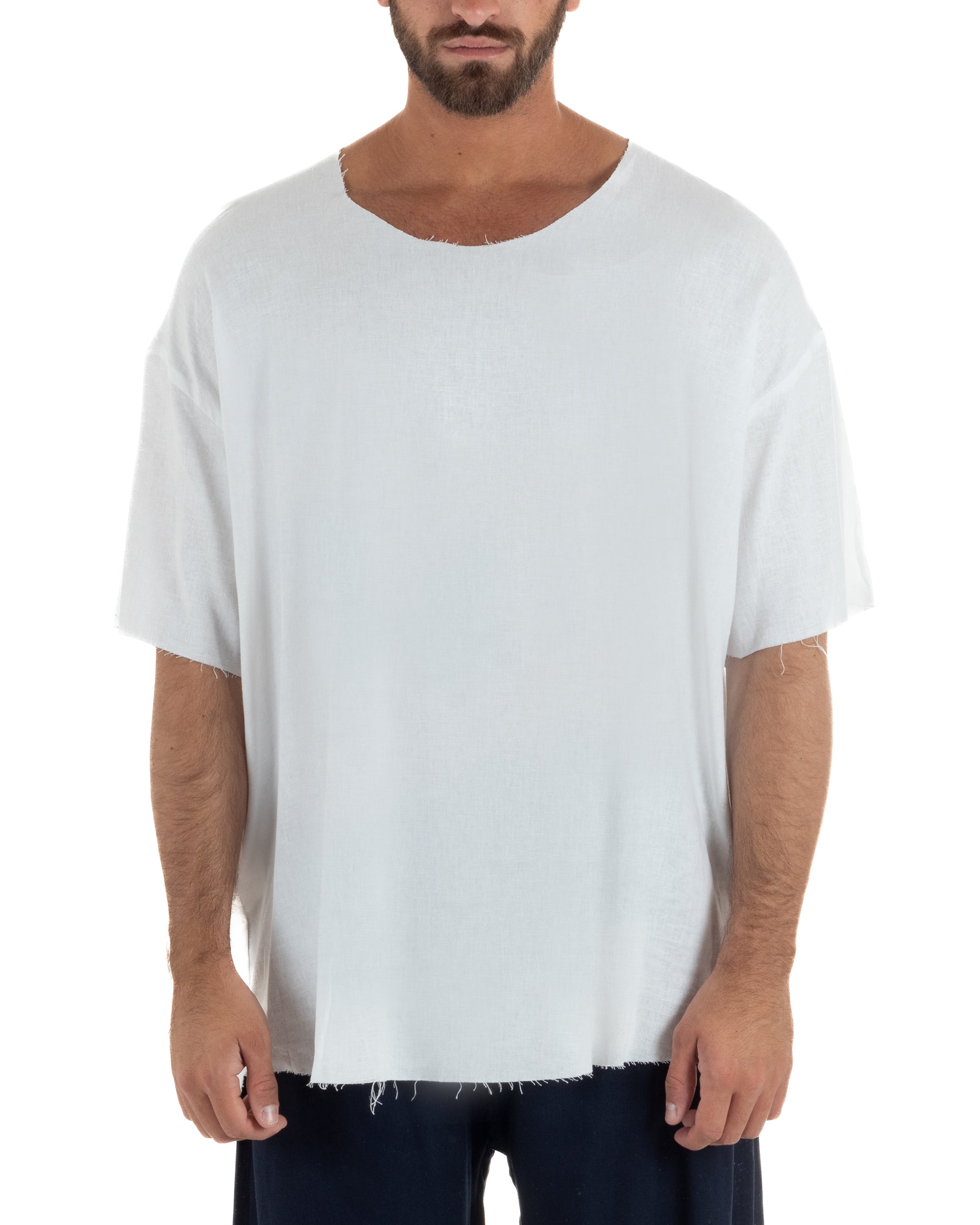T-shirt casacca uomo lino girocollo over fit sfrangiata bianco GIOSAL-TS3282A
