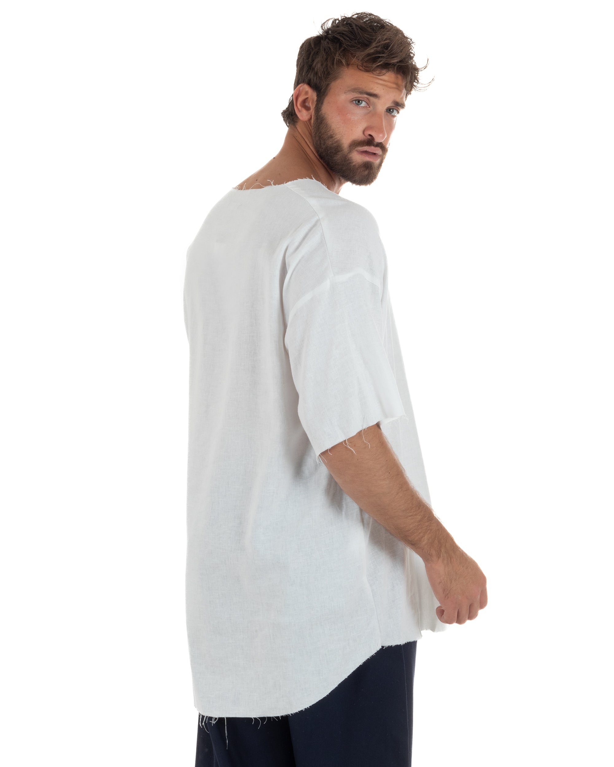 T-shirt casacca uomo lino girocollo over fit sfrangiata bianco GIOSAL-TS3282A