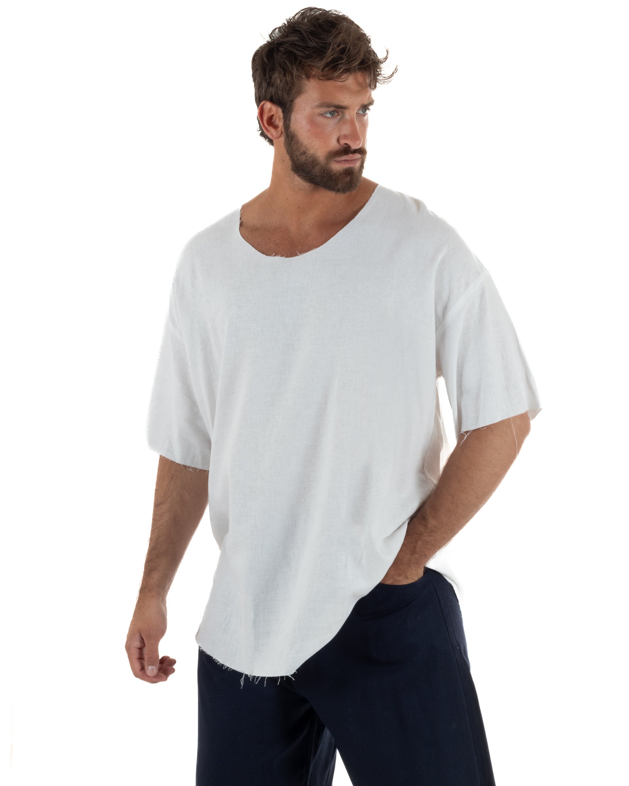 T-shirt casacca uomo lino girocollo over fit sfrangiata bianco GIOSAL-TS3282A