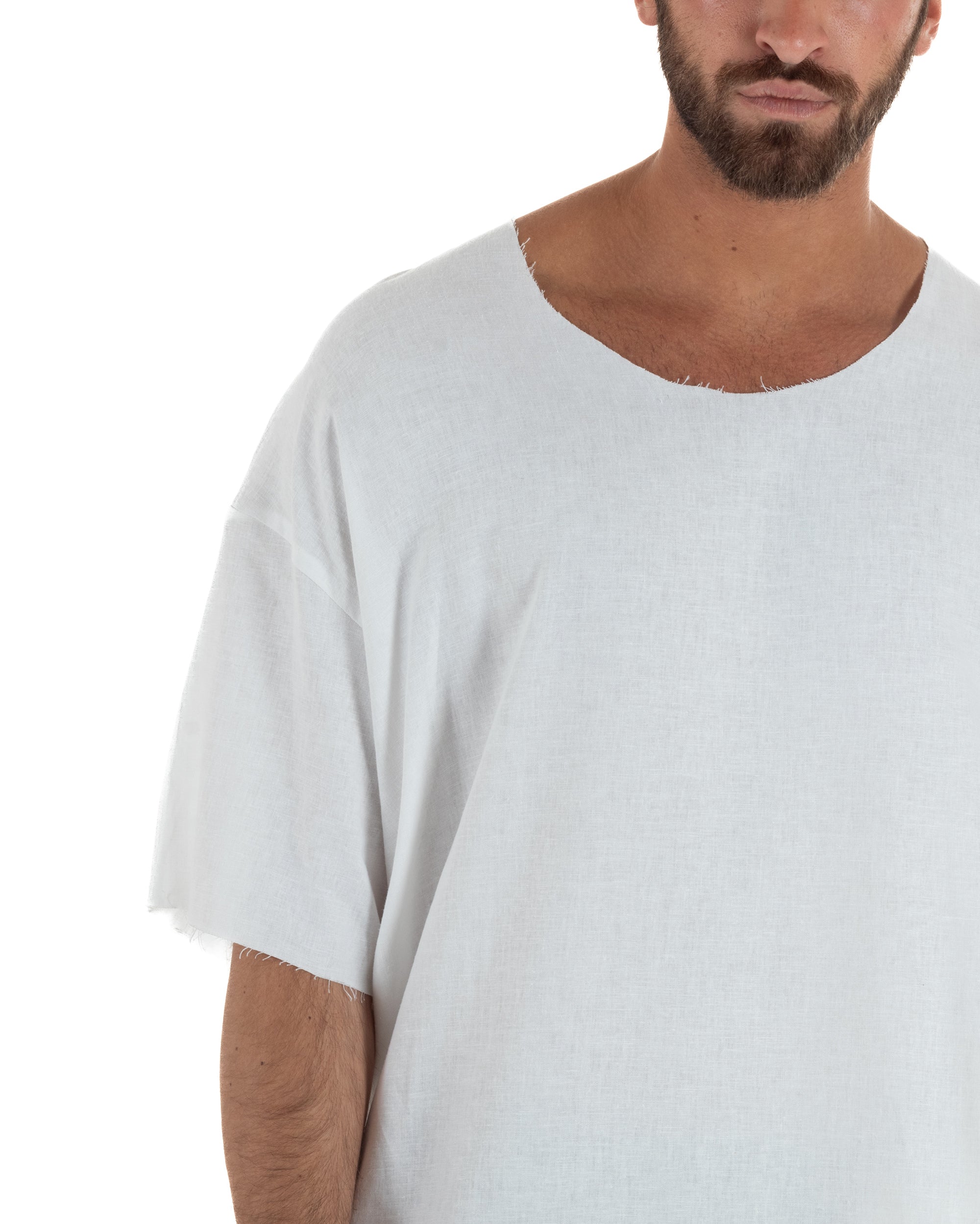 T-shirt casacca uomo lino girocollo over fit sfrangiata bianco GIOSAL-TS3282A
