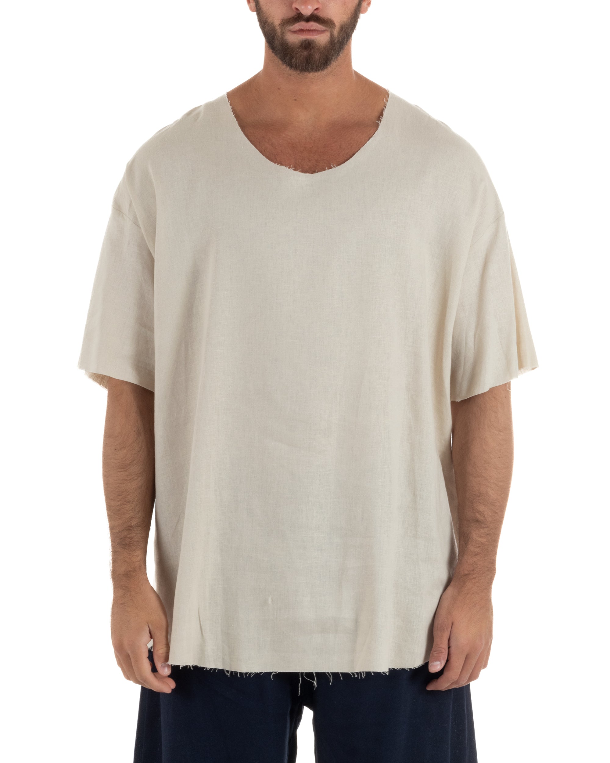 T-shirt casacca uomo lino girocollo over fit sfrangiata beige GIOSAL-TS3283A
