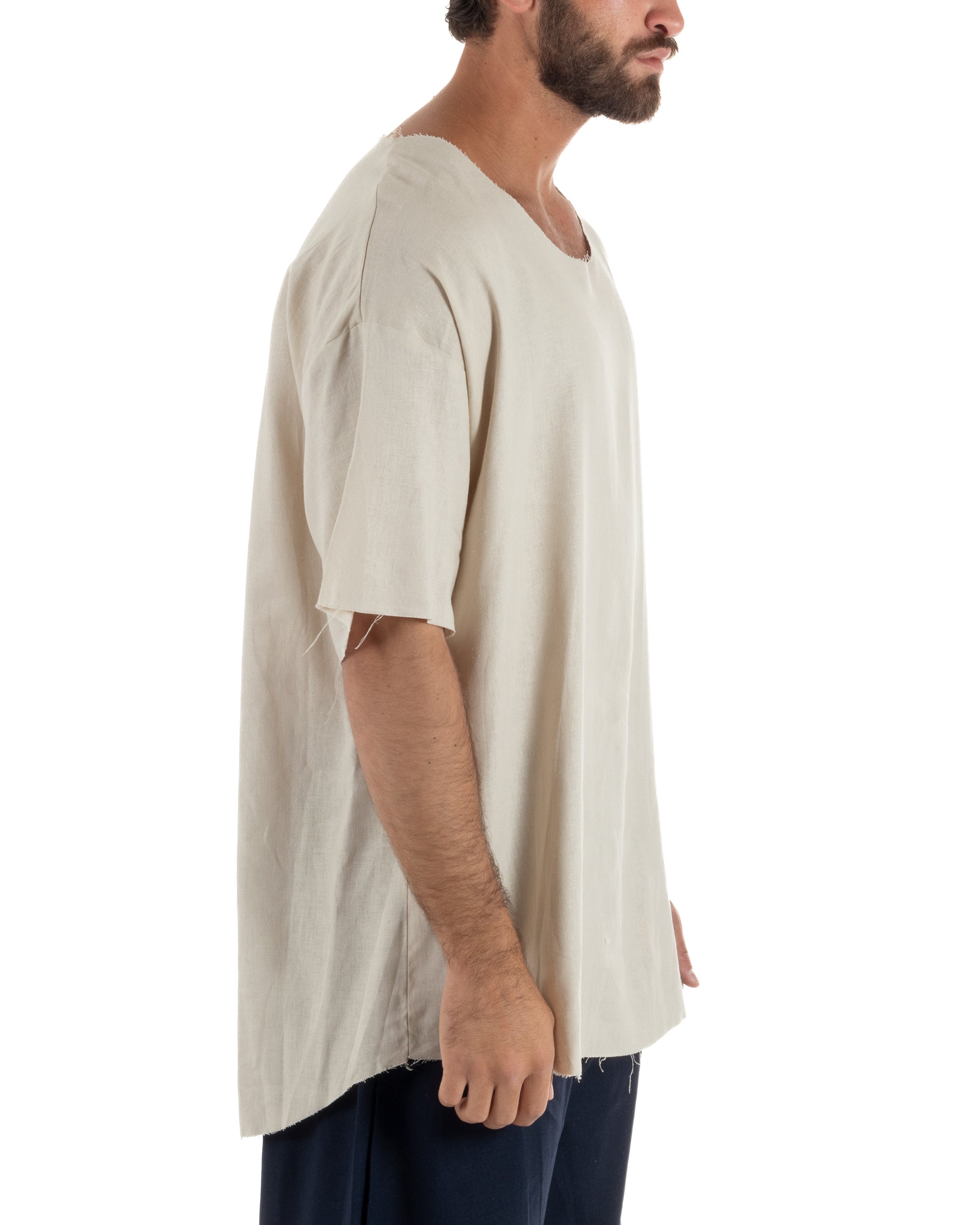 T-shirt casacca uomo lino girocollo over fit sfrangiata beige GIOSAL-TS3283A