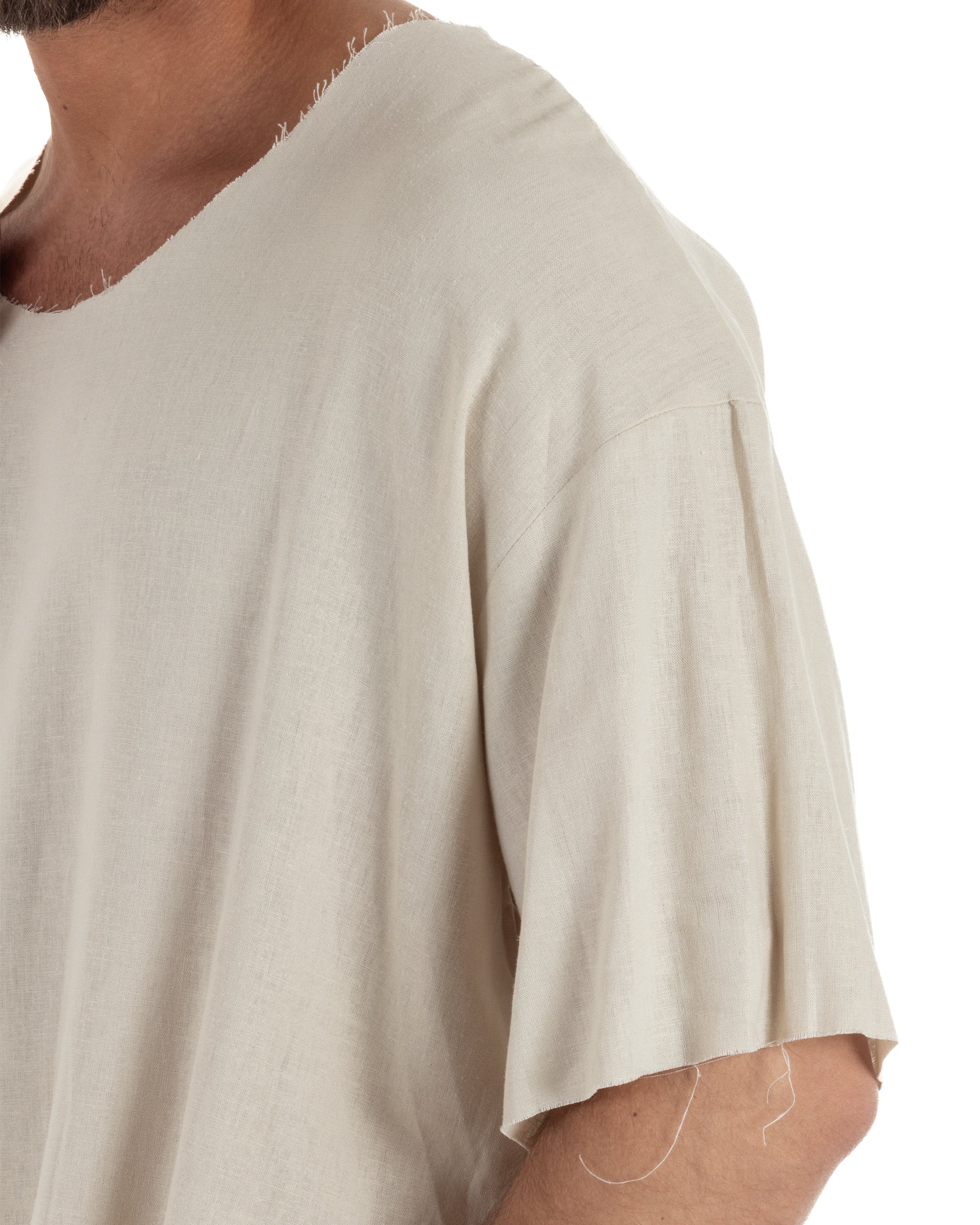 T-shirt casacca uomo lino girocollo over fit sfrangiata beige GIOSAL-TS3283A