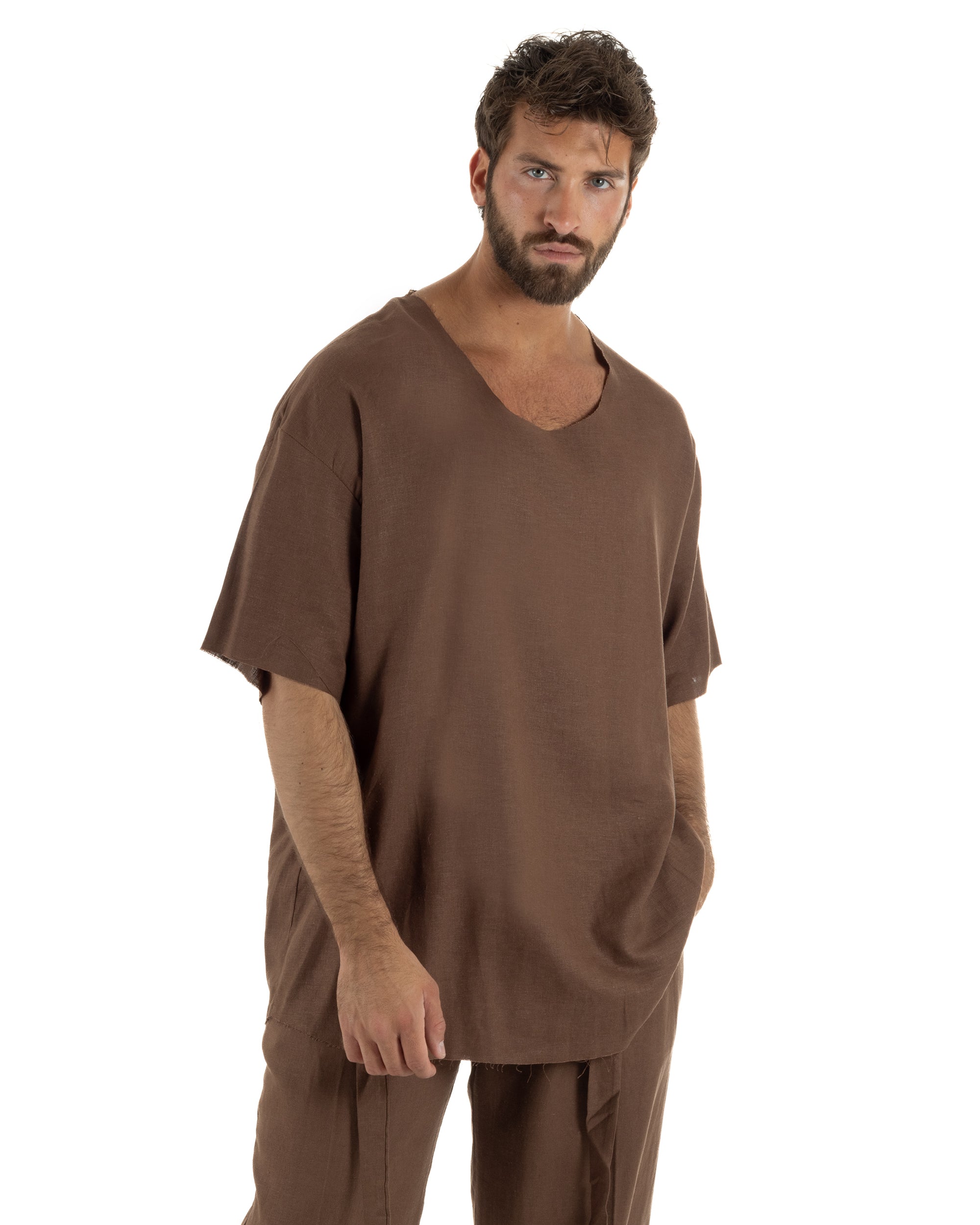 T-shirt casacca uomo lino girocollo over fit sfrangiata marrone GIOSAL-TS3284A