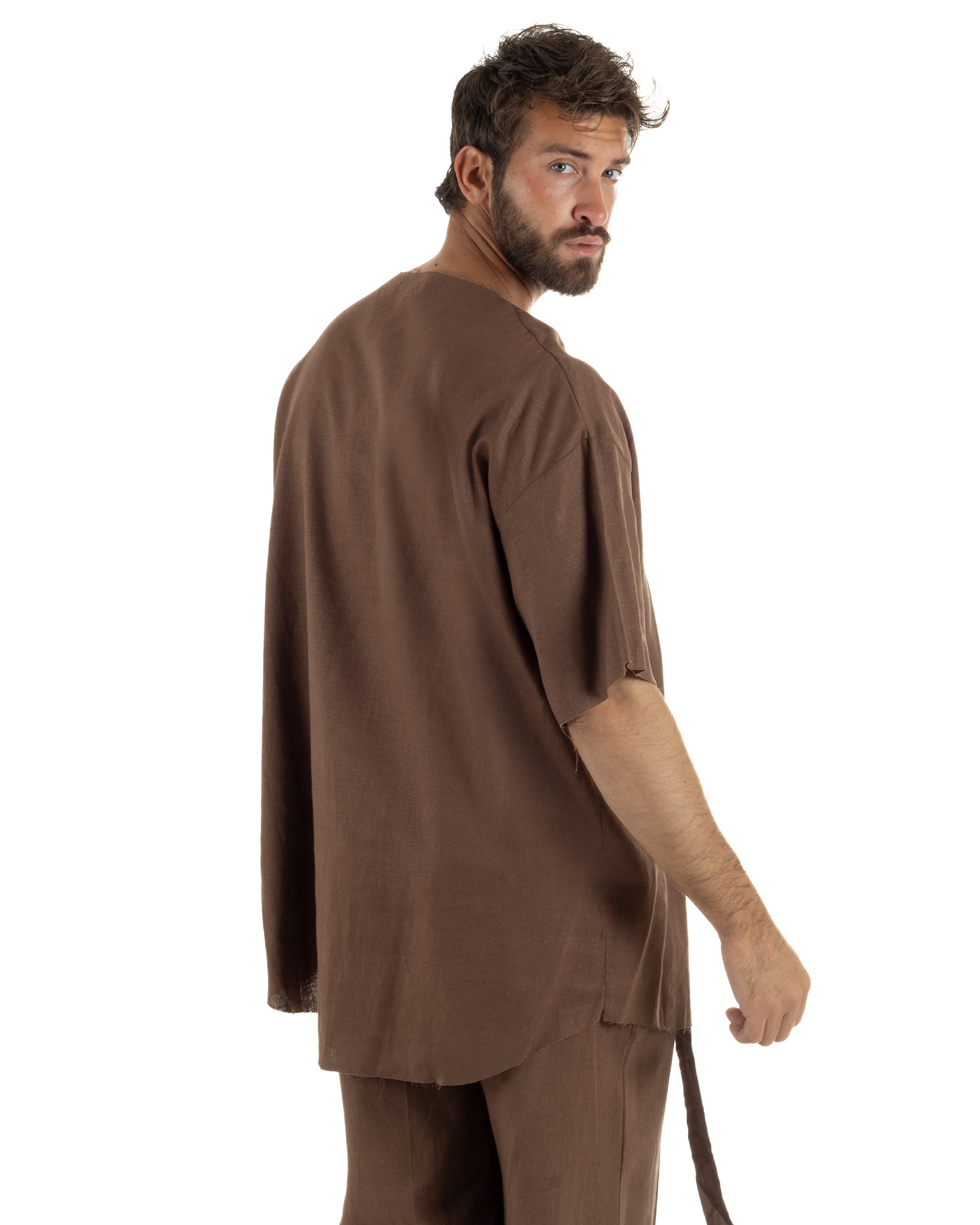 T-shirt casacca uomo lino girocollo over fit sfrangiata marrone GIOSAL-TS3284A