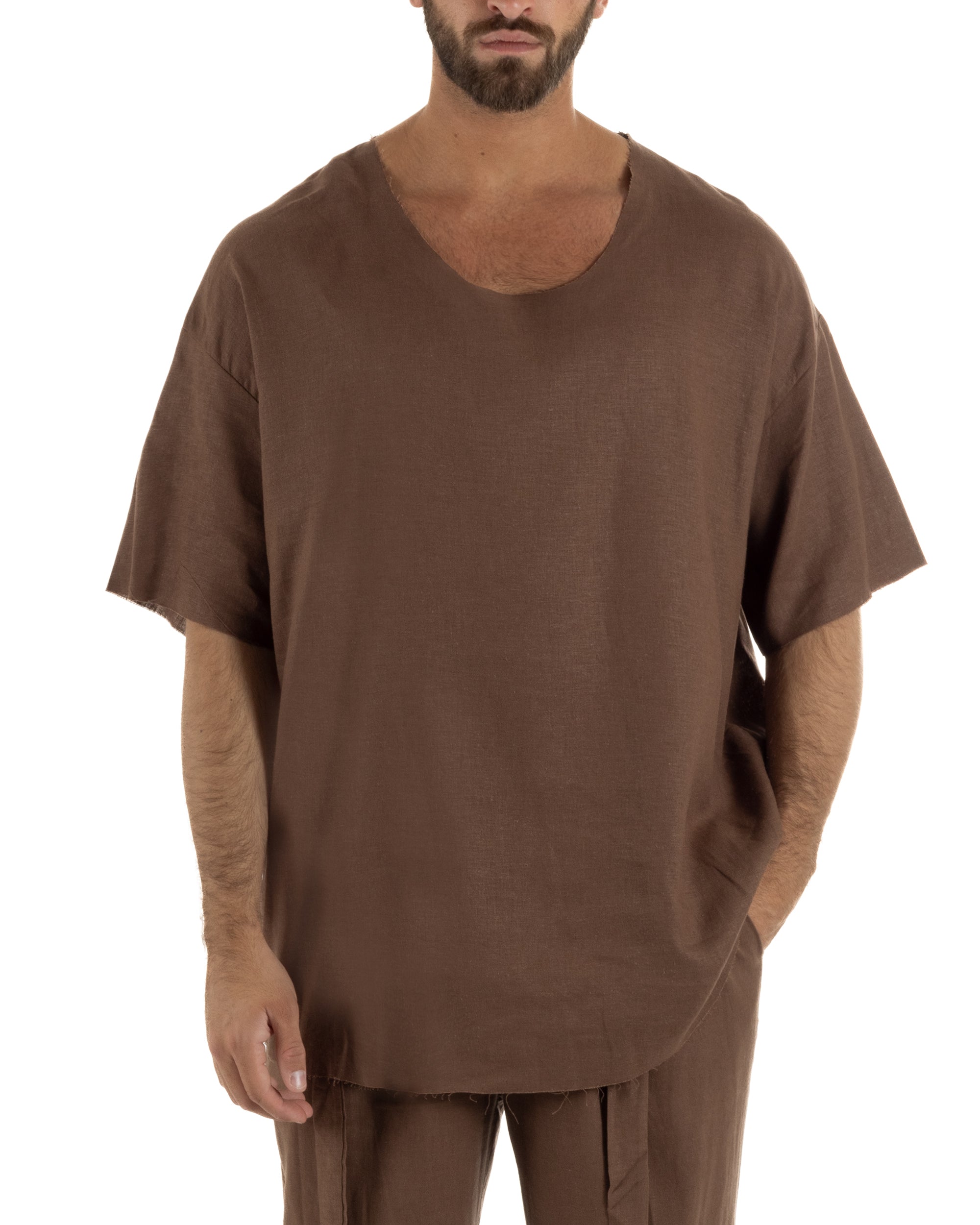 T-shirt casacca uomo lino girocollo over fit sfrangiata marrone GIOSAL-TS3284A