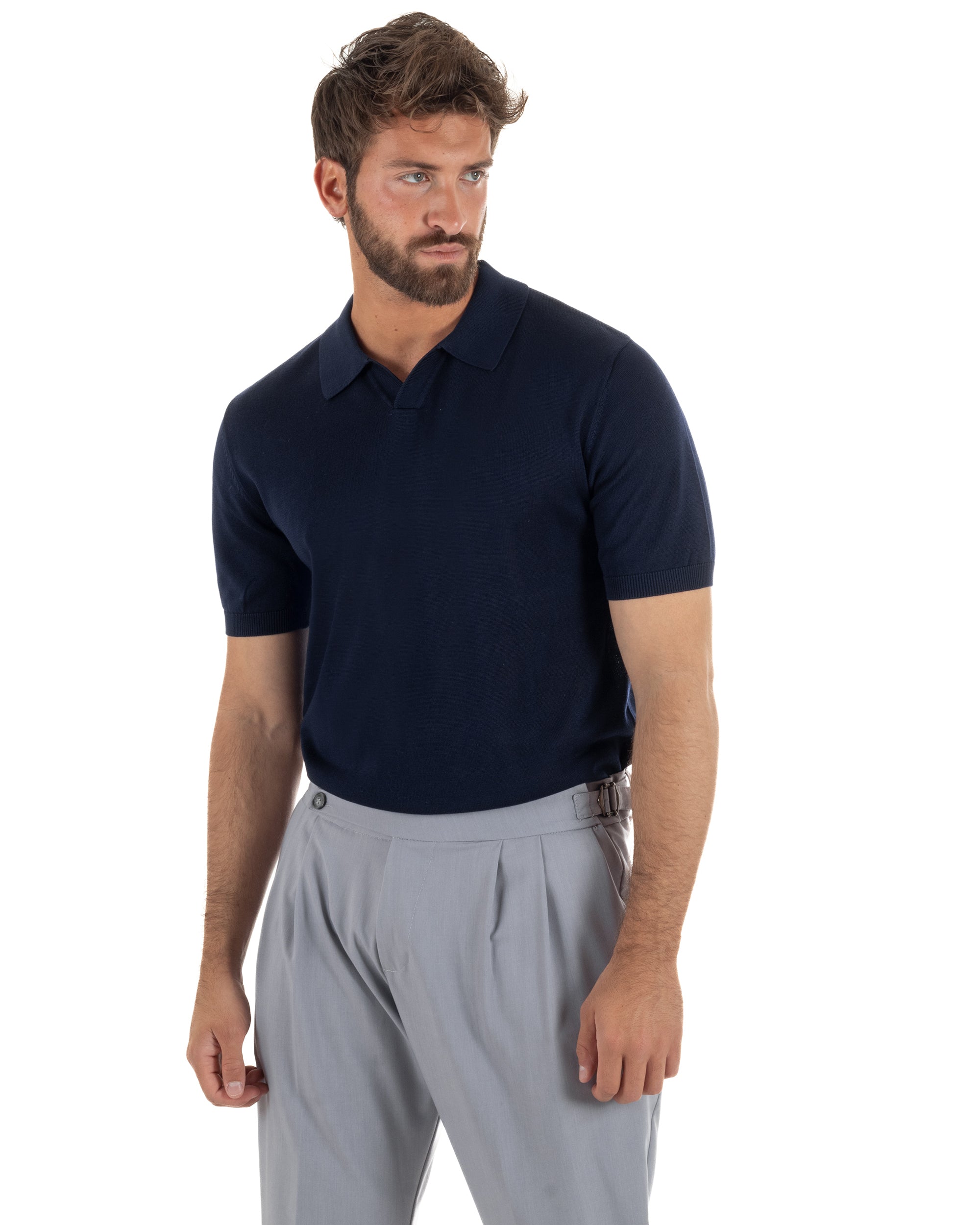 Polo uomo filo maglia basic colletto aperto sottogiacca blu GIOSAL-TS3285A