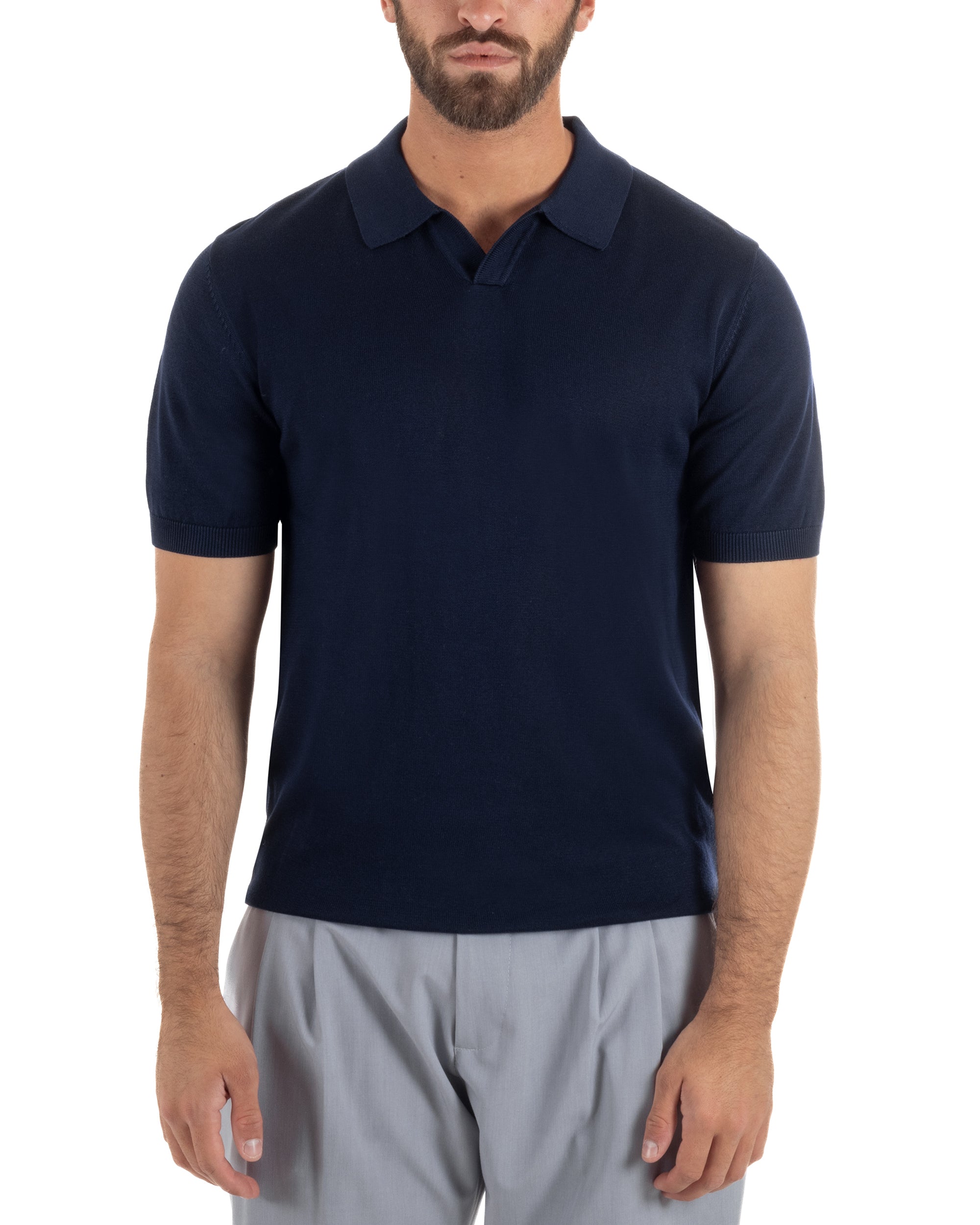 Polo uomo filo maglia basic colletto aperto sottogiacca blu GIOSAL-TS3285A