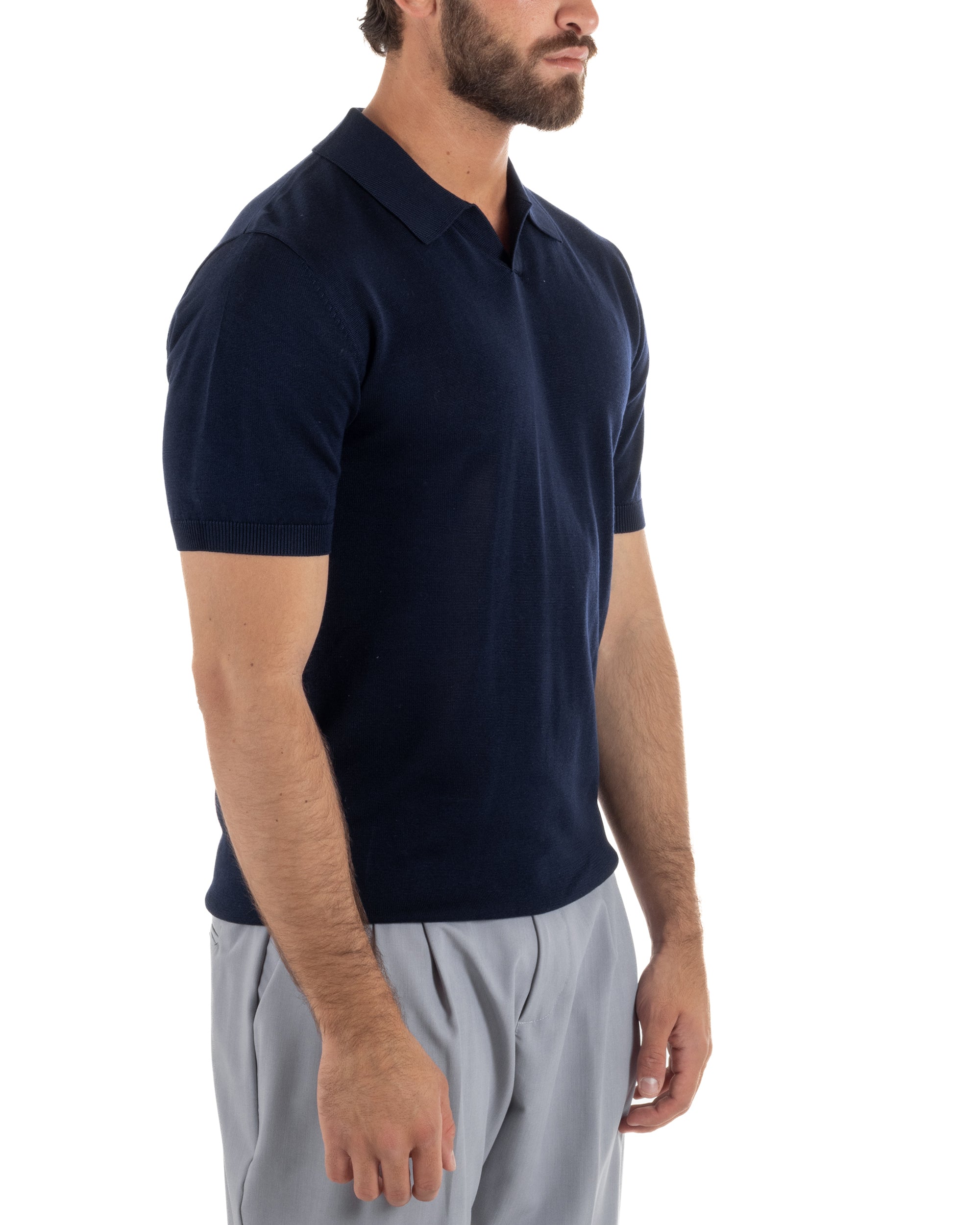 Polo uomo filo maglia basic colletto aperto sottogiacca blu GIOSAL-TS3285A