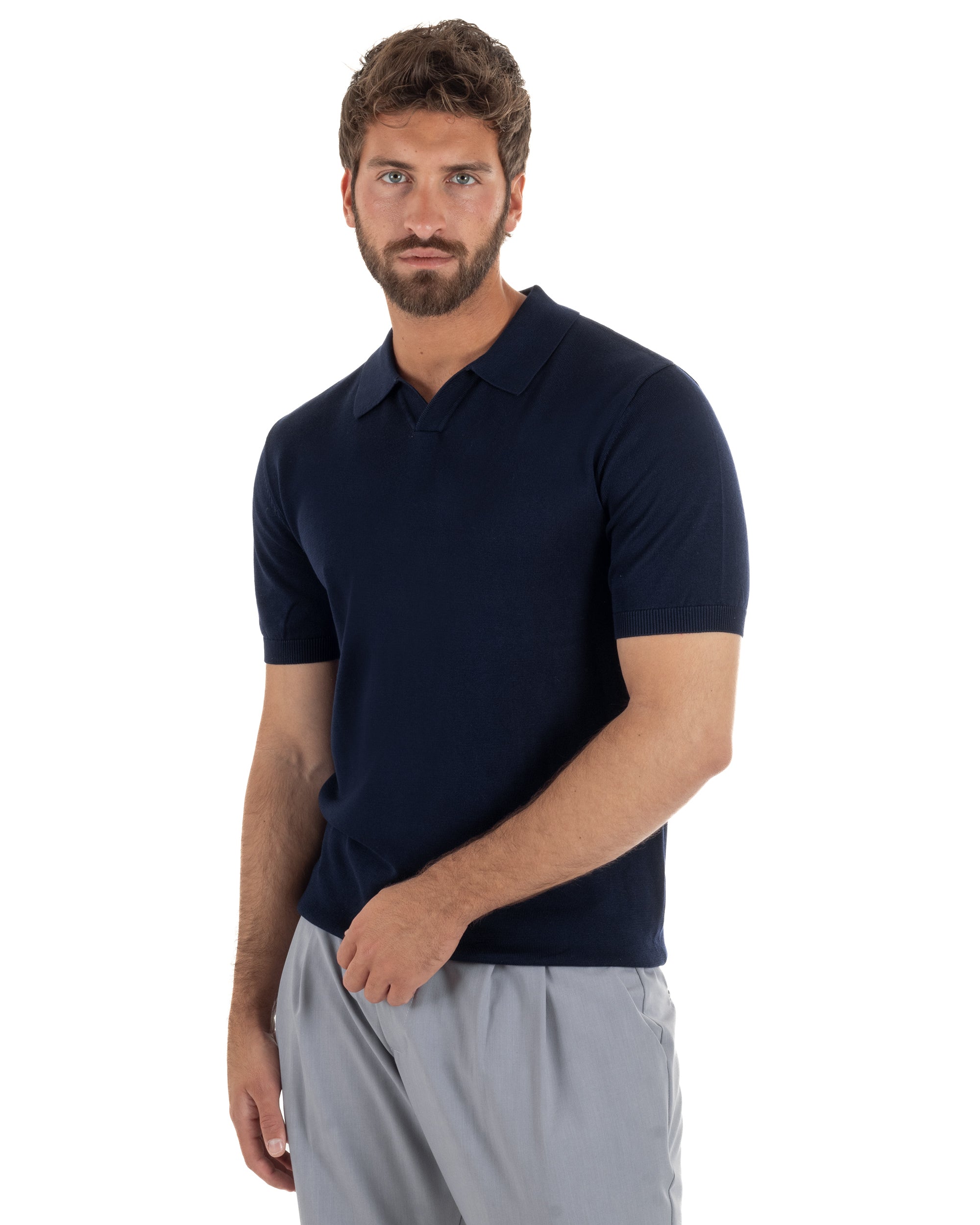 Polo uomo filo maglia basic colletto aperto sottogiacca blu GIOSAL-TS3285A