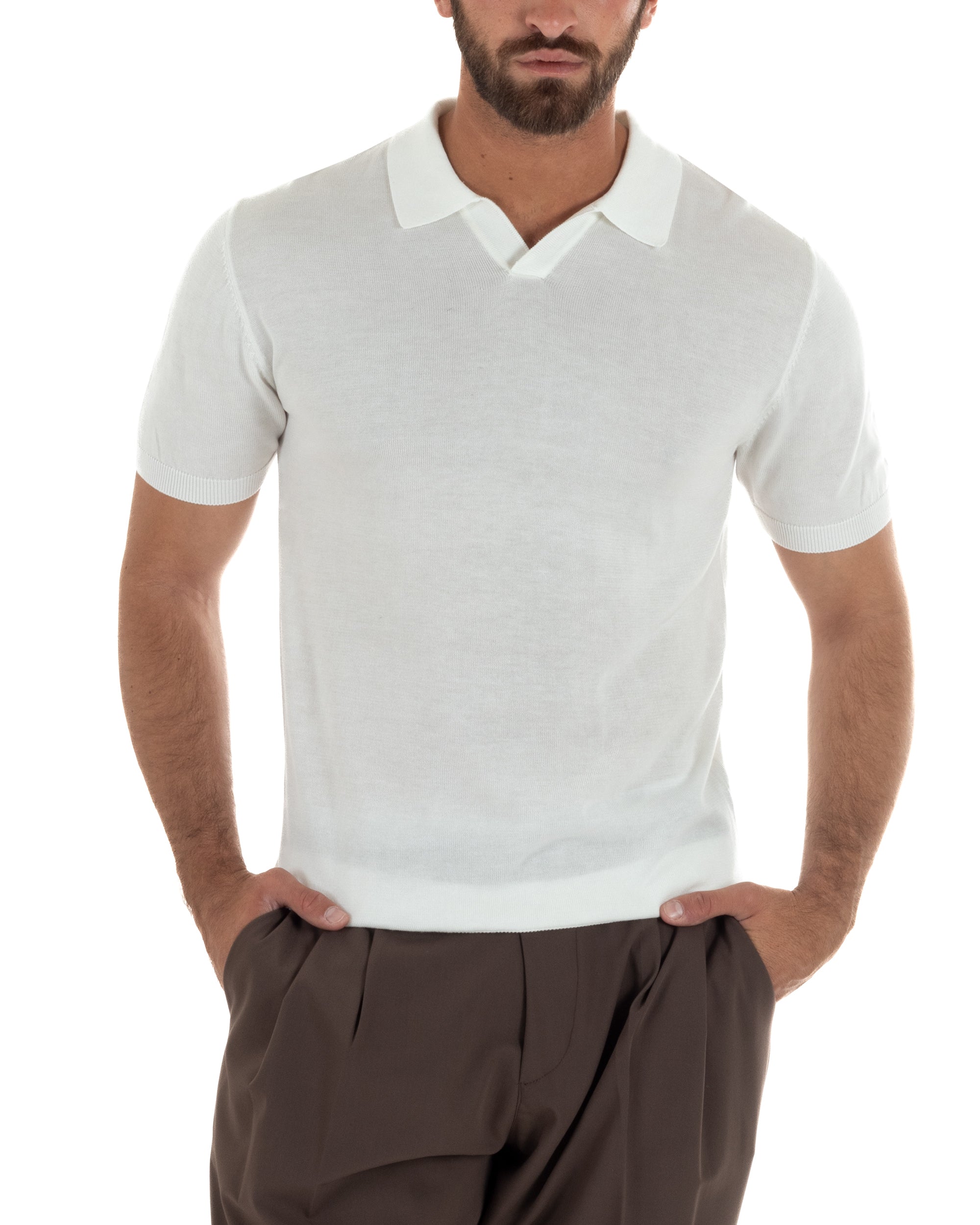 Polo uomo filo maglia basic colletto aperto sottogiacca bianco GIOSAL-TS3287A