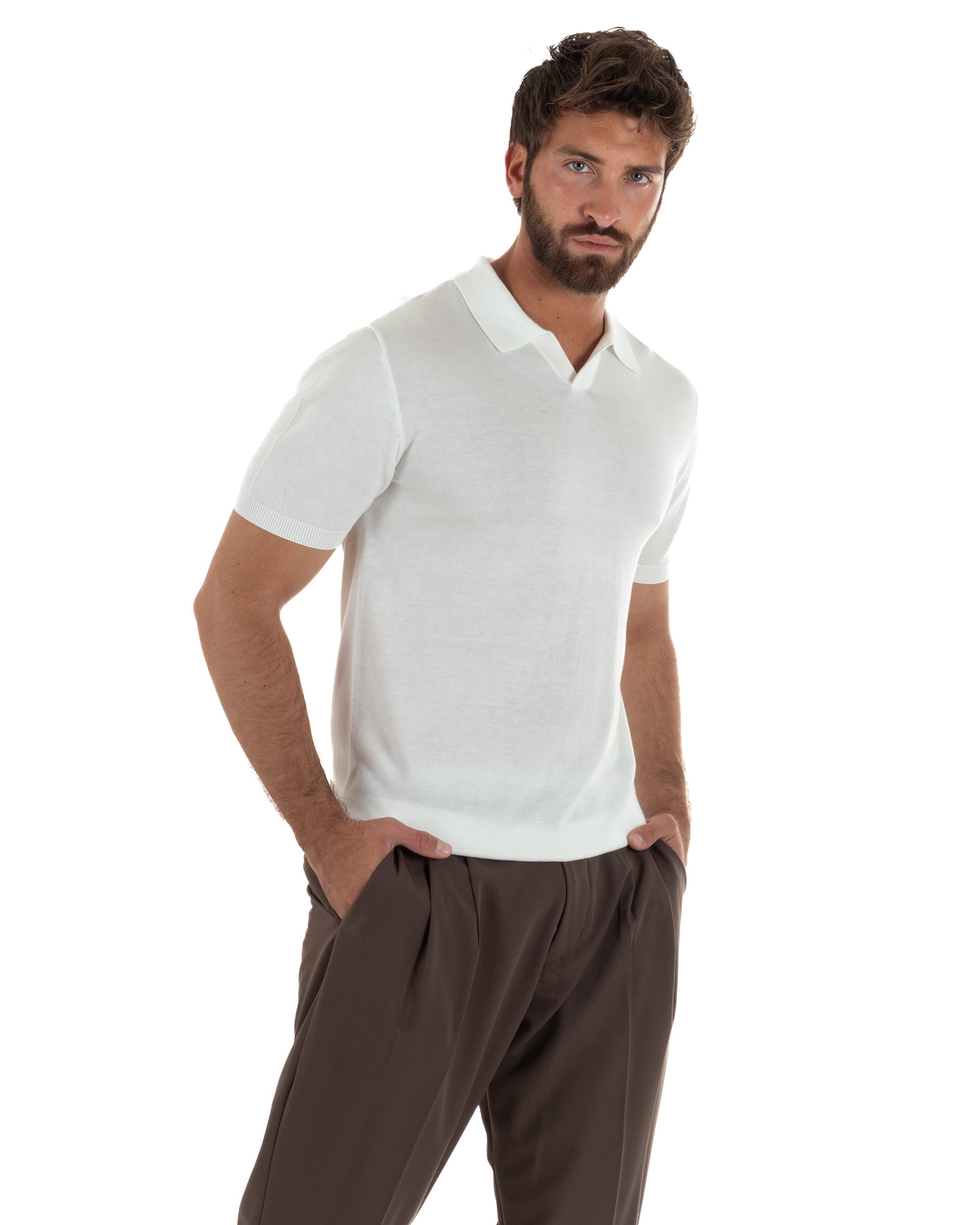 Polo uomo filo maglia basic colletto aperto sottogiacca bianco GIOSAL-TS3287A