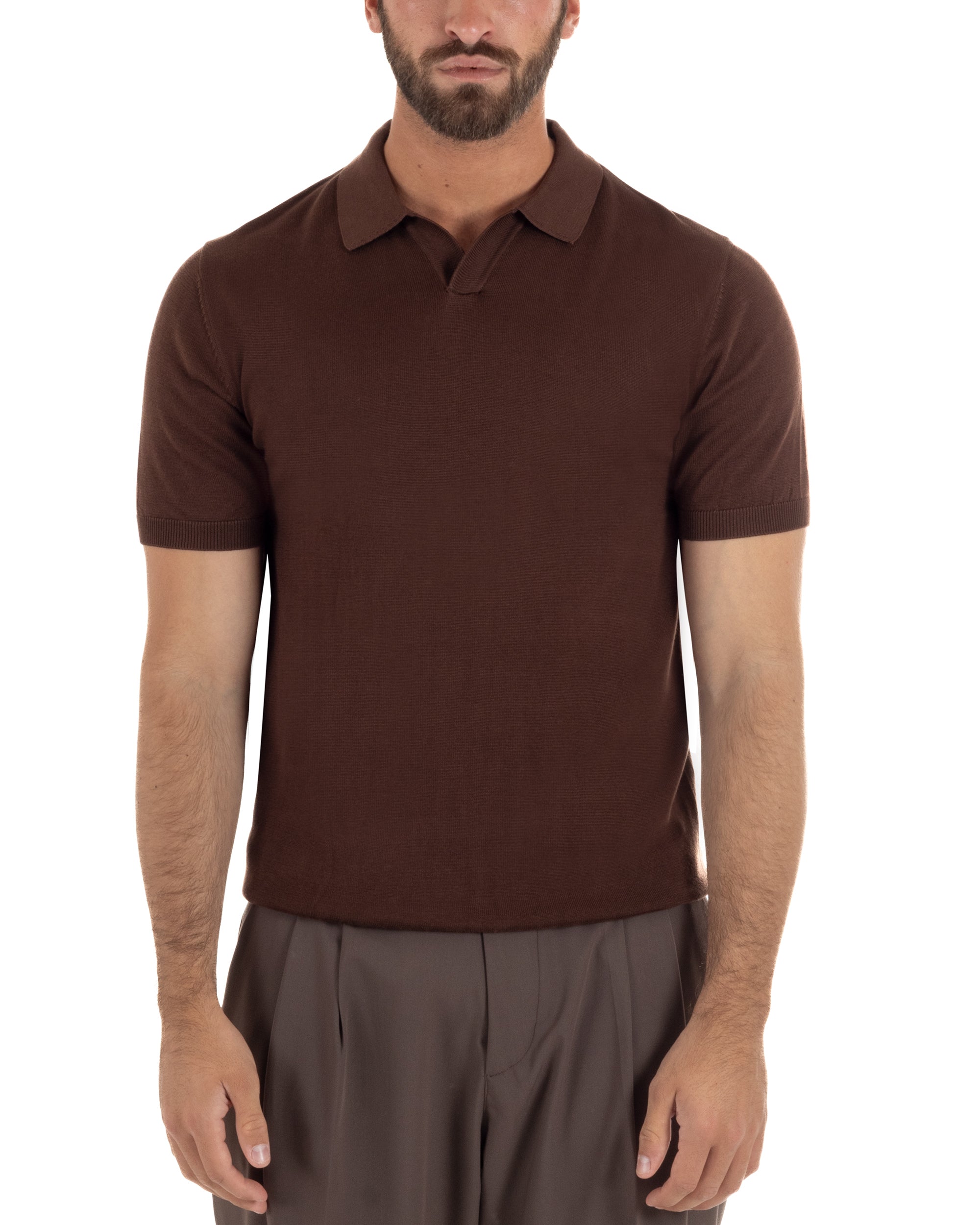 Polo uomo filo maglia basic colletto aperto sottogiacca marrone GIOSAL-TS3288A