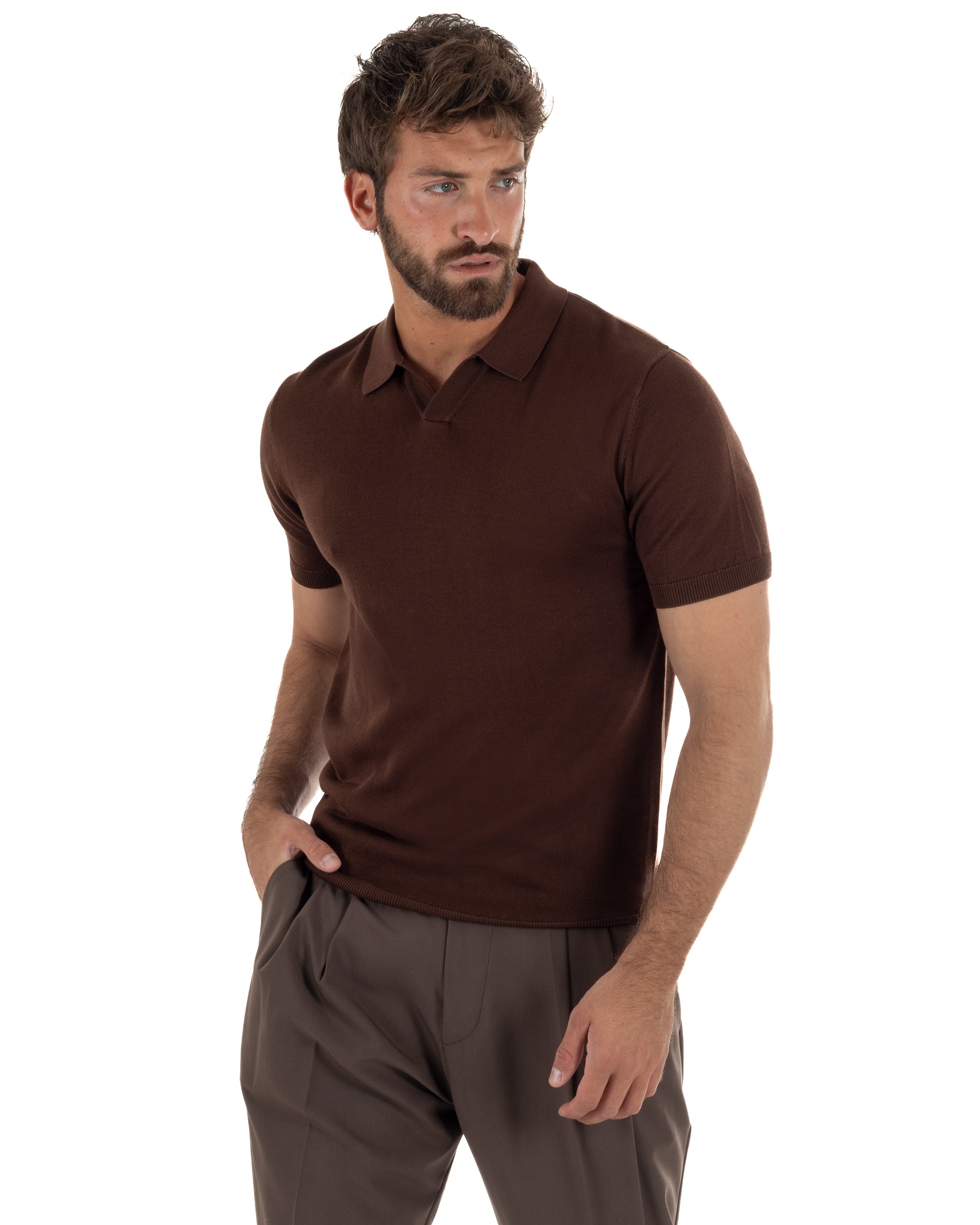 Polo uomo filo maglia basic colletto aperto sottogiacca marrone GIOSAL-TS3288A